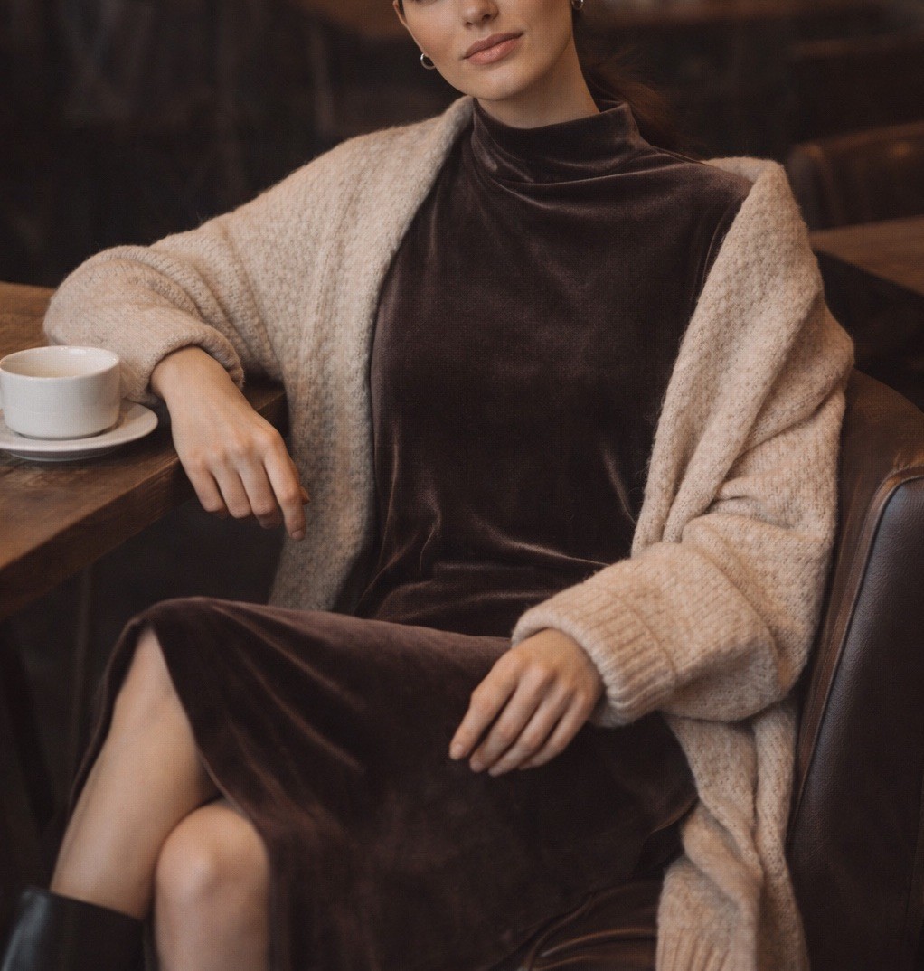 Tracy Spencer Velvet Dress S Brown Mock Neck Minimalist Quiet Luxury Y2K