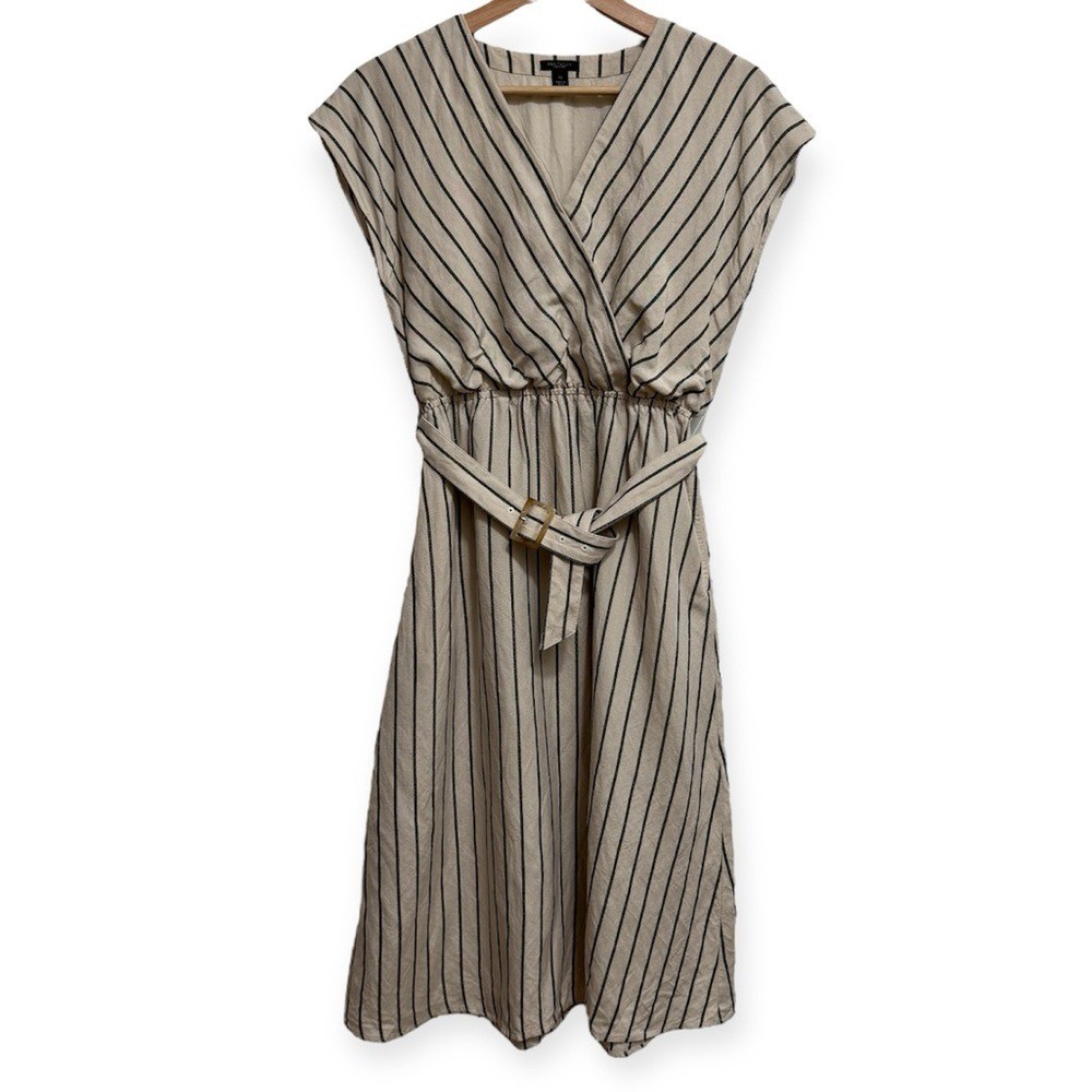 Ann Taylor Linen Cotton Blend Surplice Top Striped Midi Dress Women XS Vacation