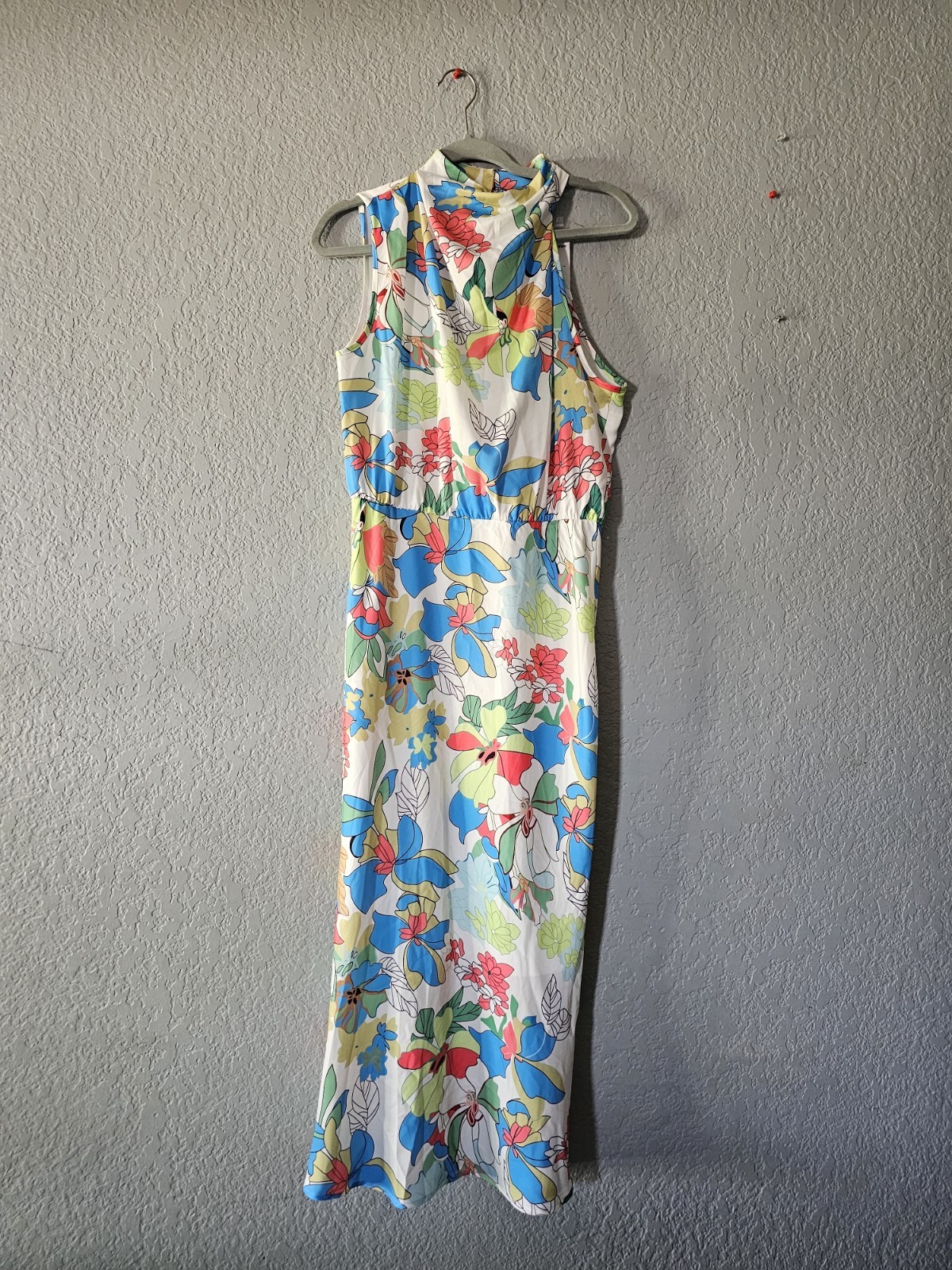 PrettyGarden Multicolor Floral Mock Neck Sleeveless Satin Maxi Dress Long M