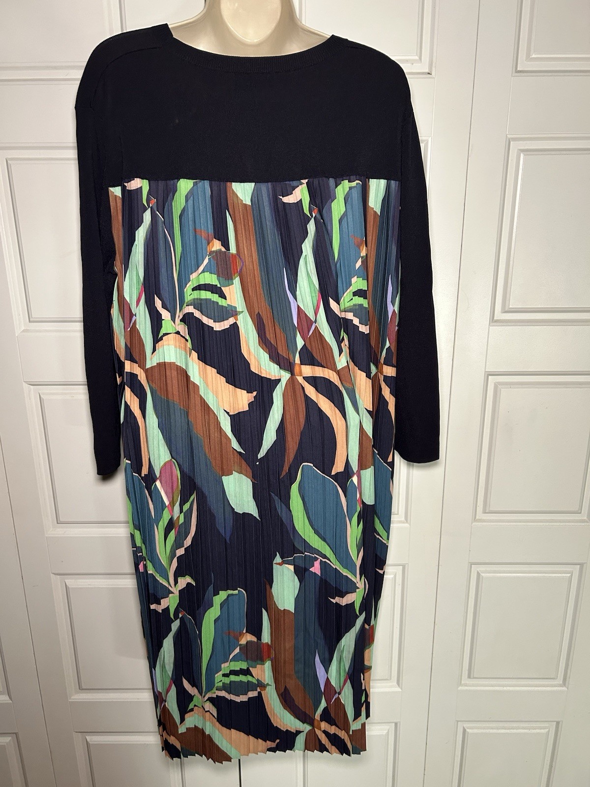 Pleated Midi Dress Ted Baker Navy Tropical Leaf Print Mixed Media Knit Sz 5/12