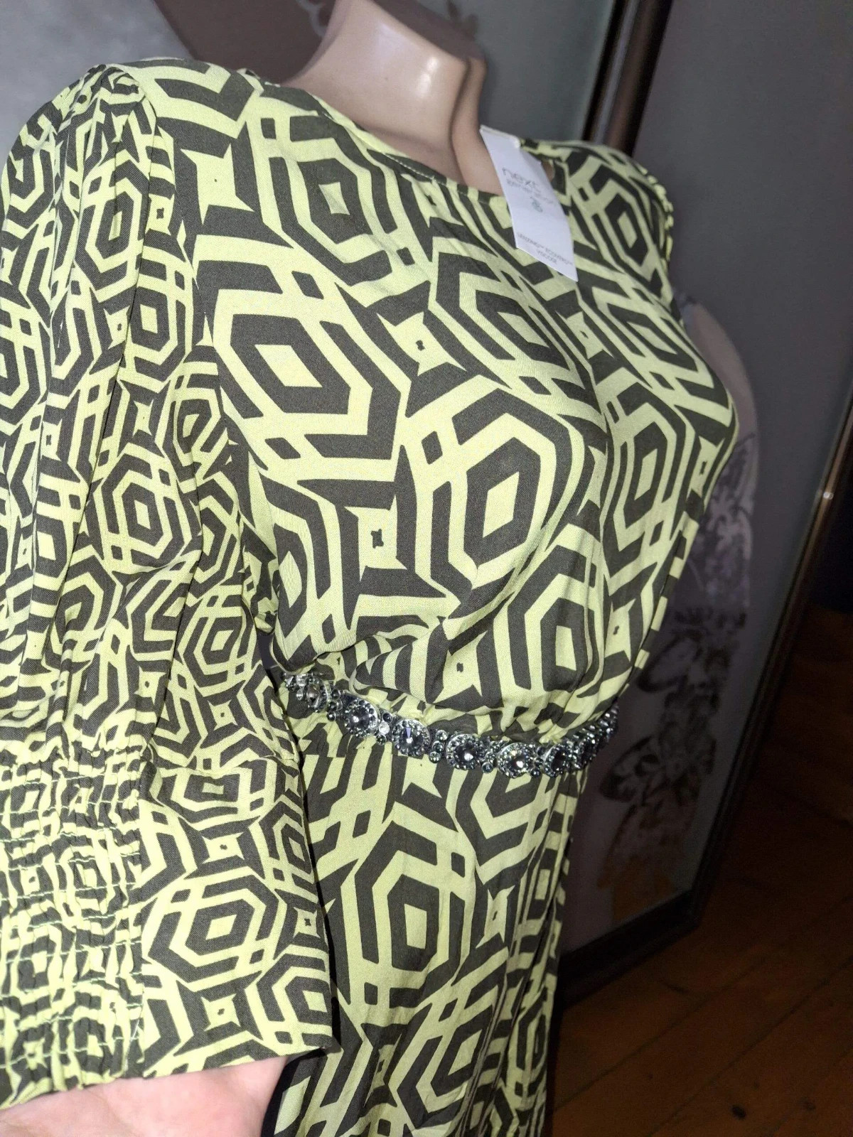 NWT Next Generation Olive Green Geometric Viscose Midi Dress Drop Waist Size UK