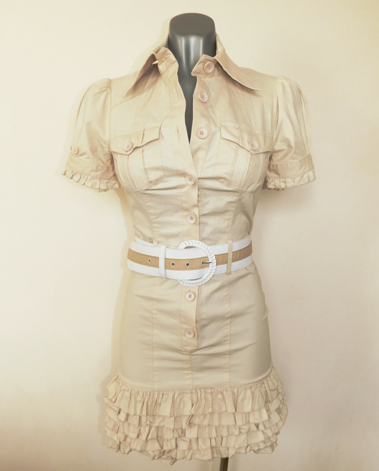 BEBE RUFFLE SAFARI SHIRT DRESS SIZE XS, UK 6-8