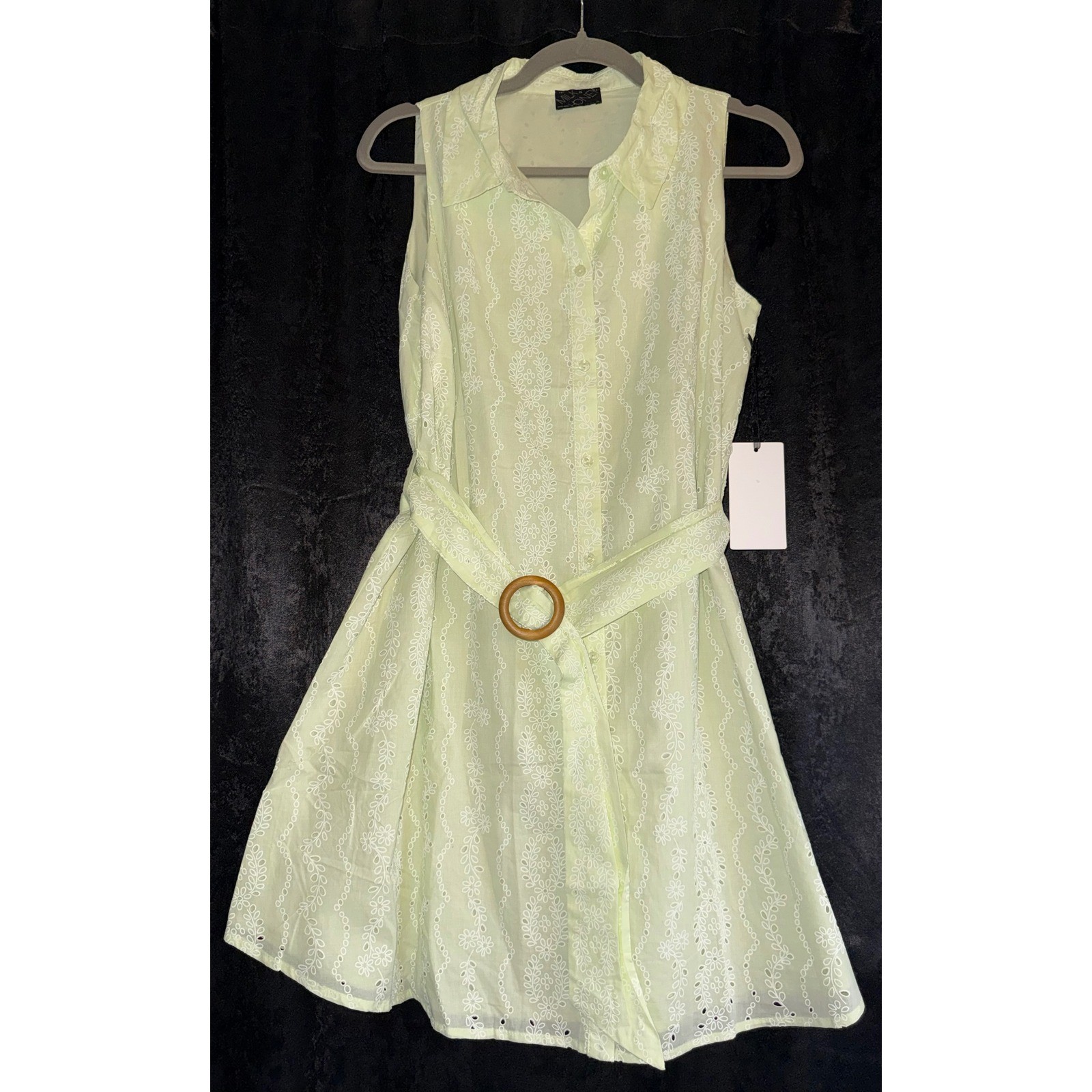 Milk & Honey Luxe Mint Green Eyelet Cotton Shirt Dress Belted Womens Medium NWT