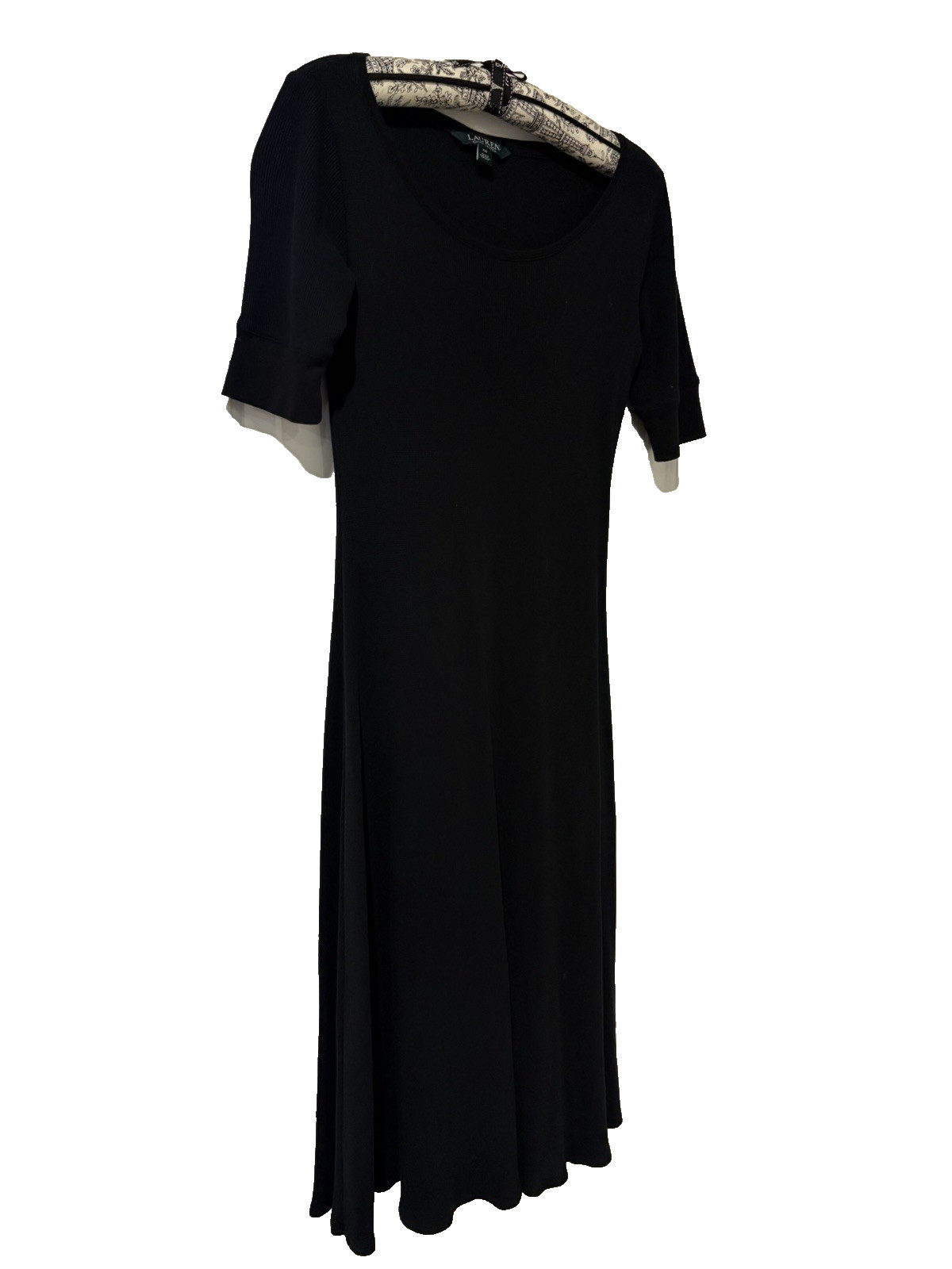 Lauren Ralph Lauren Black Cotton Waffle Knit Midi Dress ~XS~A-Line Short Sleeve