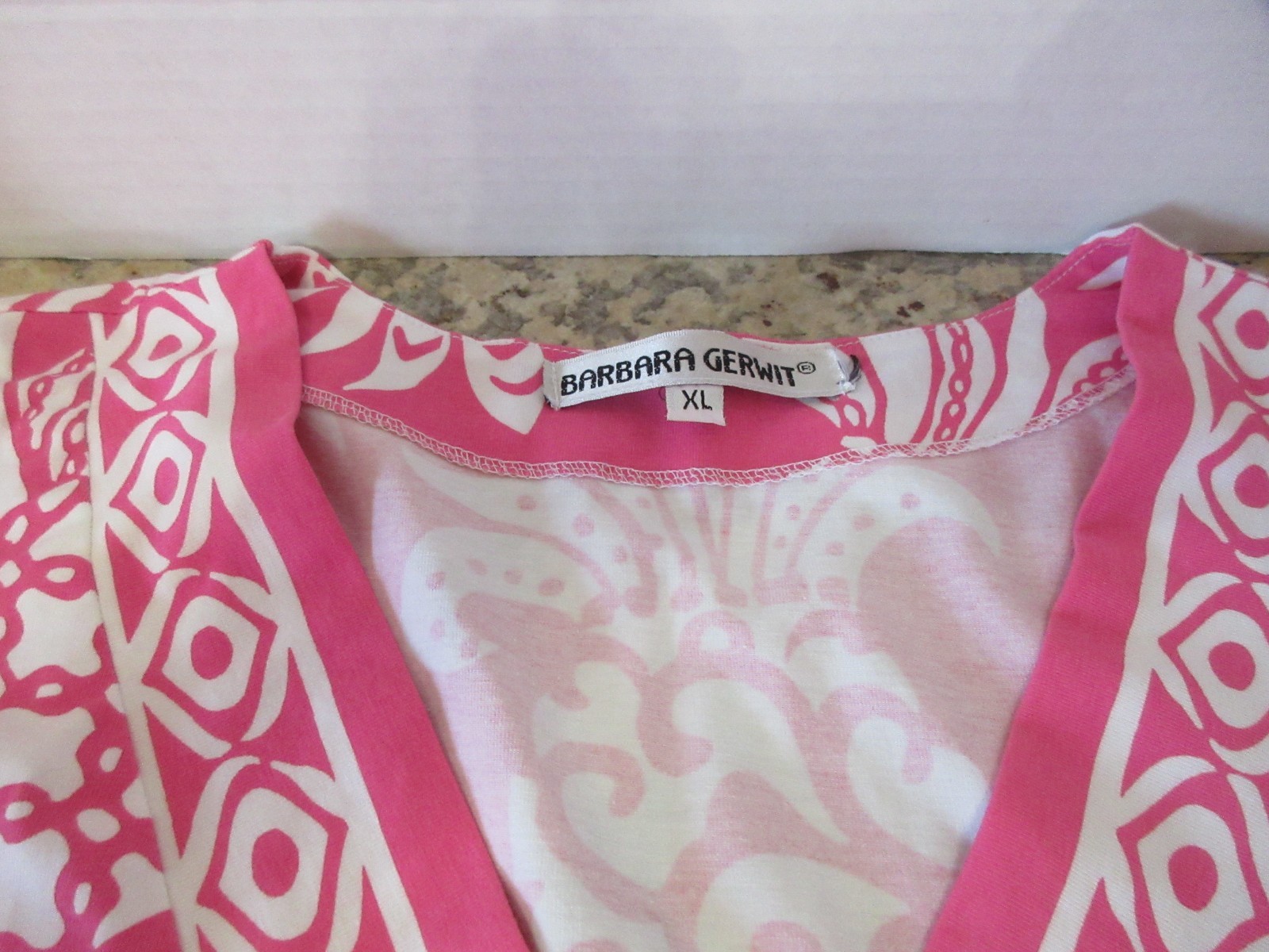 BARBARA GERWIT Sz L Pink White Pineapple Design 3/4 Sleeve V-Neck Dress- Ex Cond