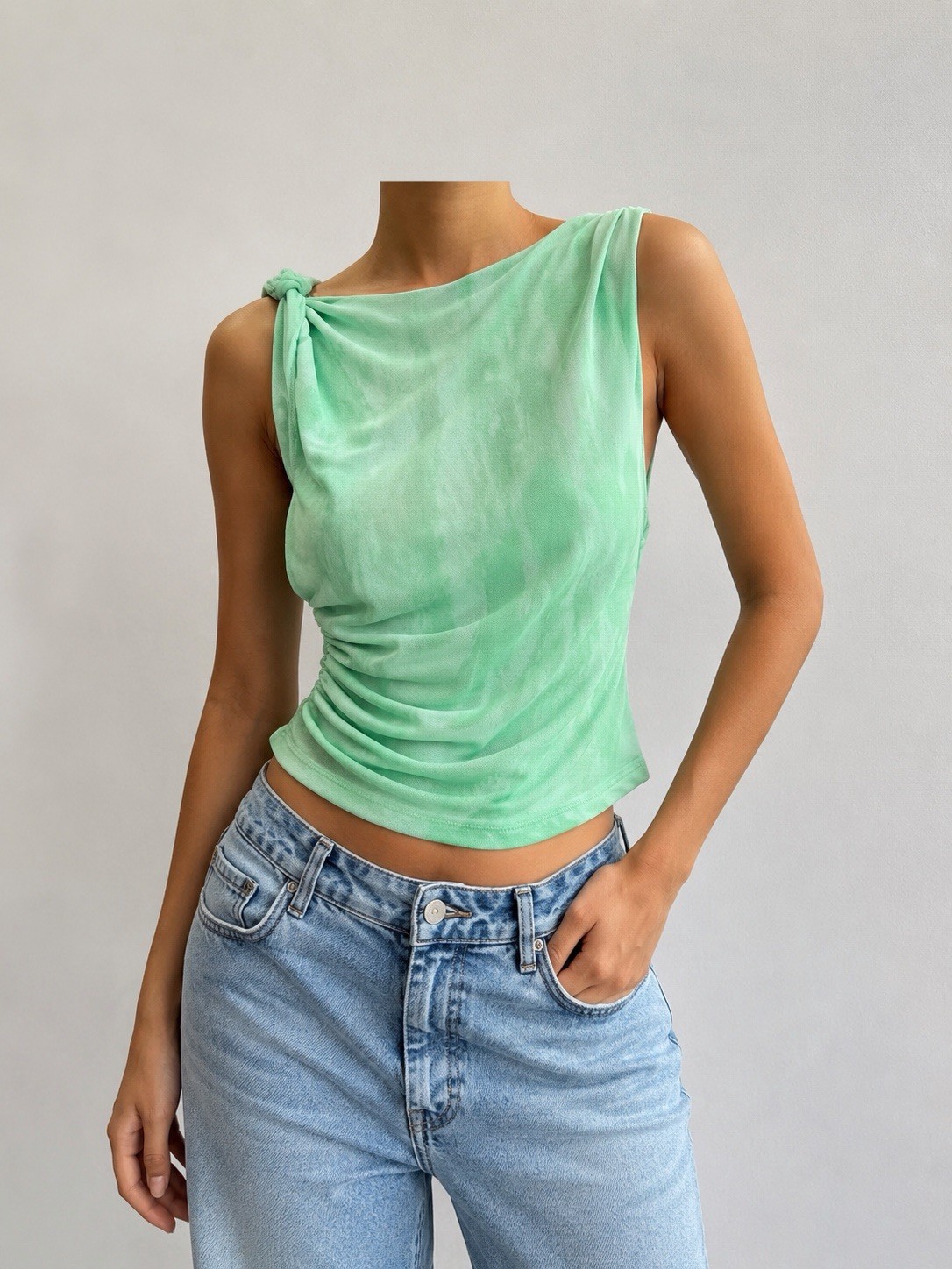 ZARA Mint Green One Shoulder Ruched Mesh Midi Dress Women’s Medium M