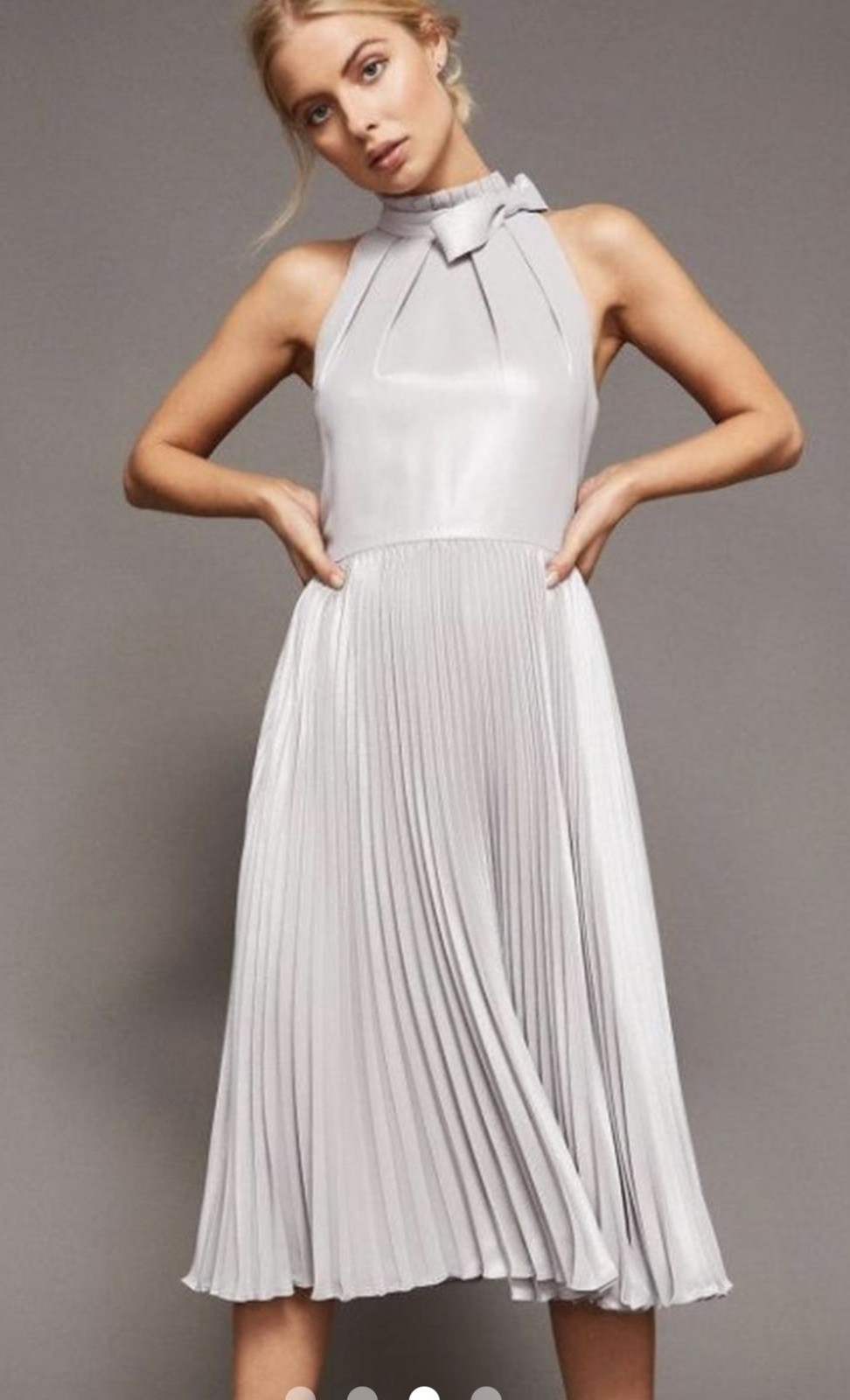 Ted Baker Oliver Silver Grey High Neck Pleated Dress Bow Metallic