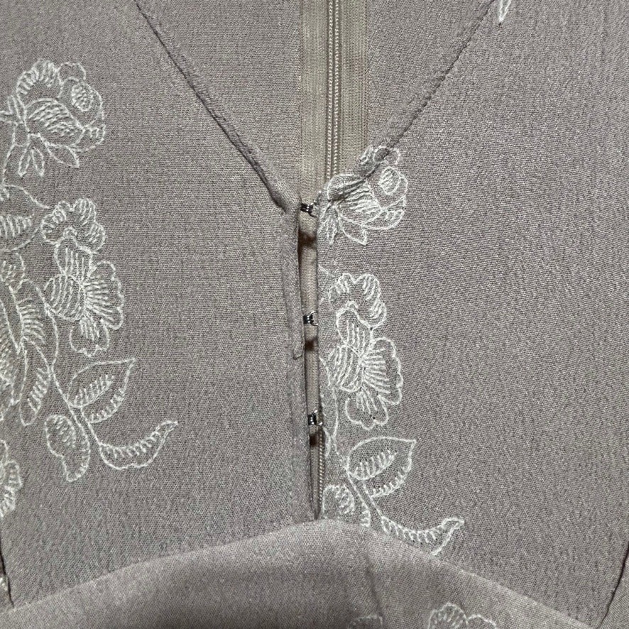 Mod Ref Taupe Embroidered Floral Dress Size S Button Front Boho Wedding Guest