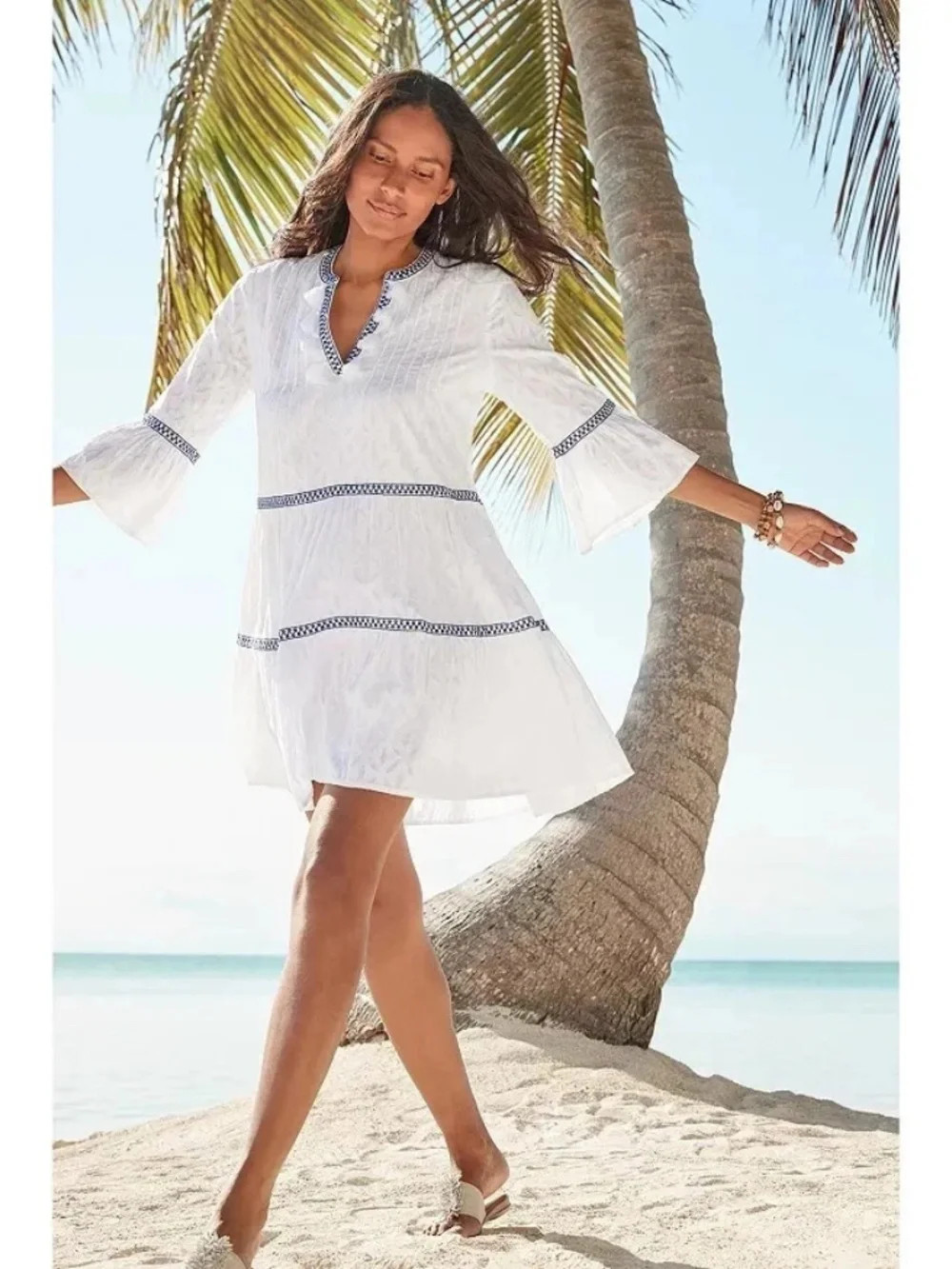 NEW Tommy Bahama Embroidered Tiered Cotton Dress White Jacquard Tasssels Lined L