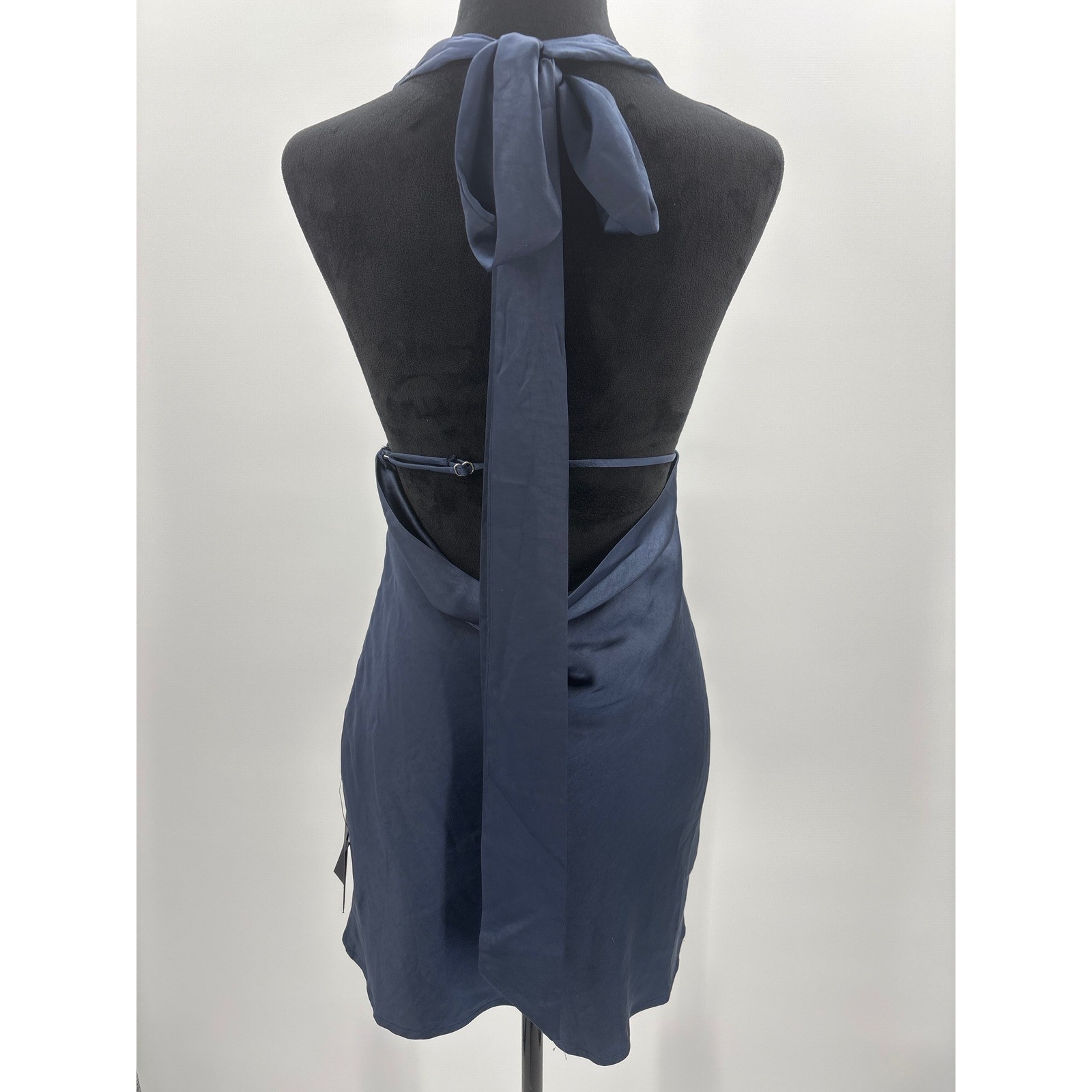 Lulus Zimri Navy Blue Satin Halter Mini Dress Open Back Tie Detail NWT Small