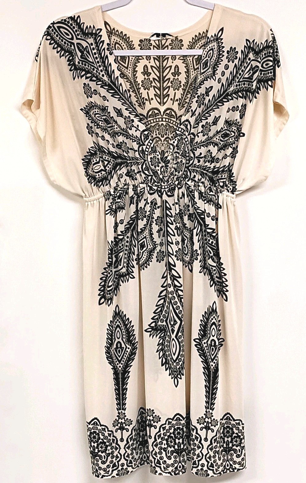 Bohemian Style Off-White/Black Knee Dress Stretch Elastic Waist Women’s L
