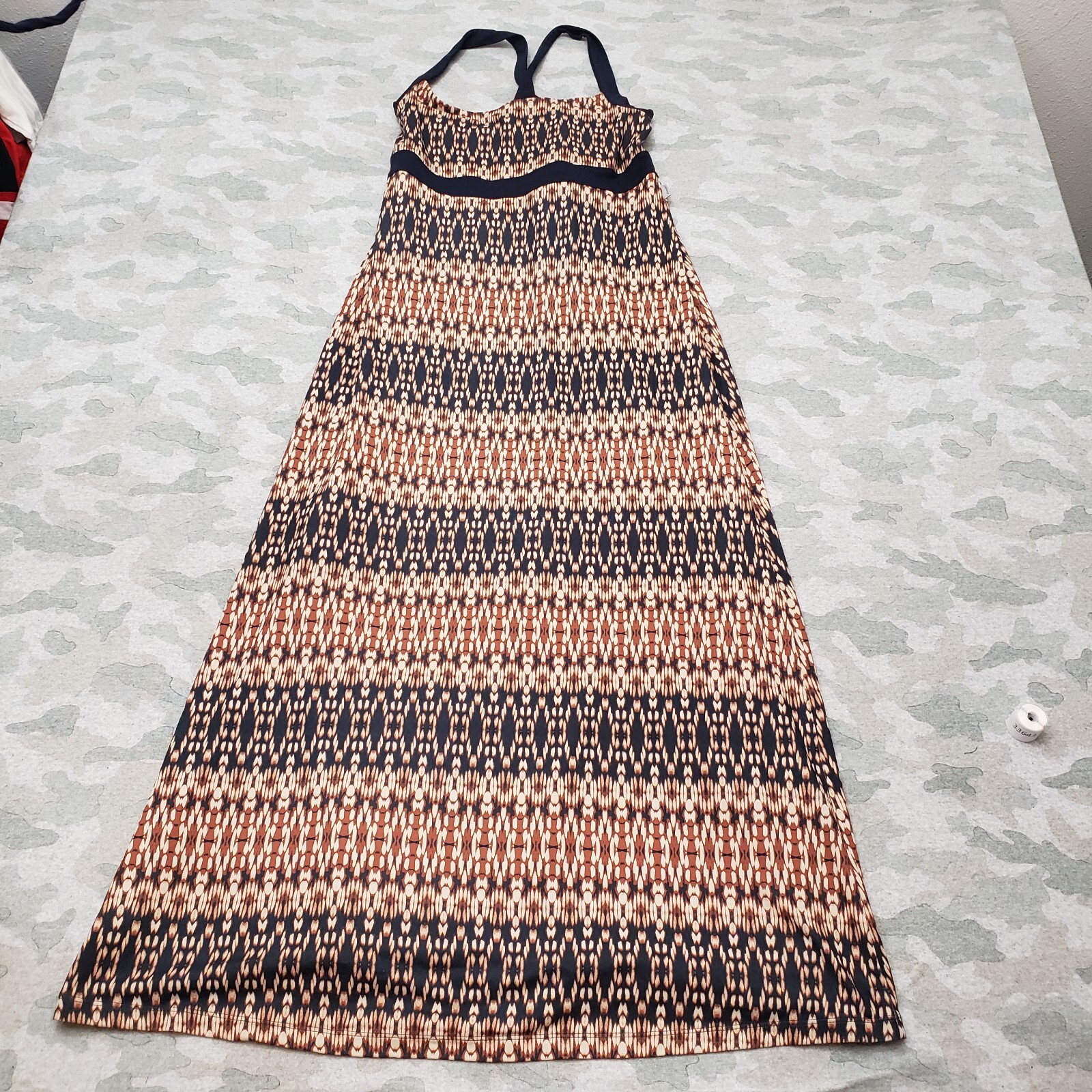 Eddie Bauer Travex Dress Women’s Large Tan Maxi Geo Print Outdoors