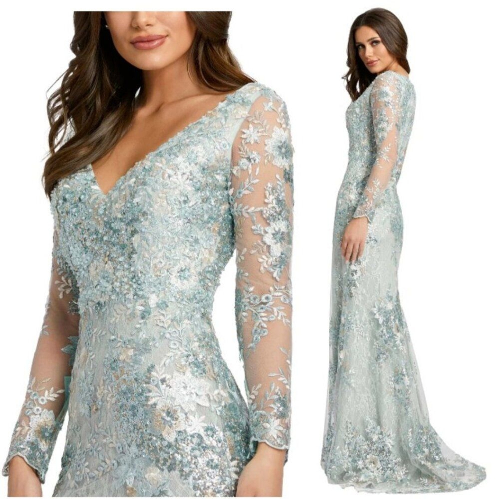 NWT MAC DUGGAL EMBELLISHED V‎ NECK ILLUSION LONG SLEEVE GOWN 67539 SEA MIST 2