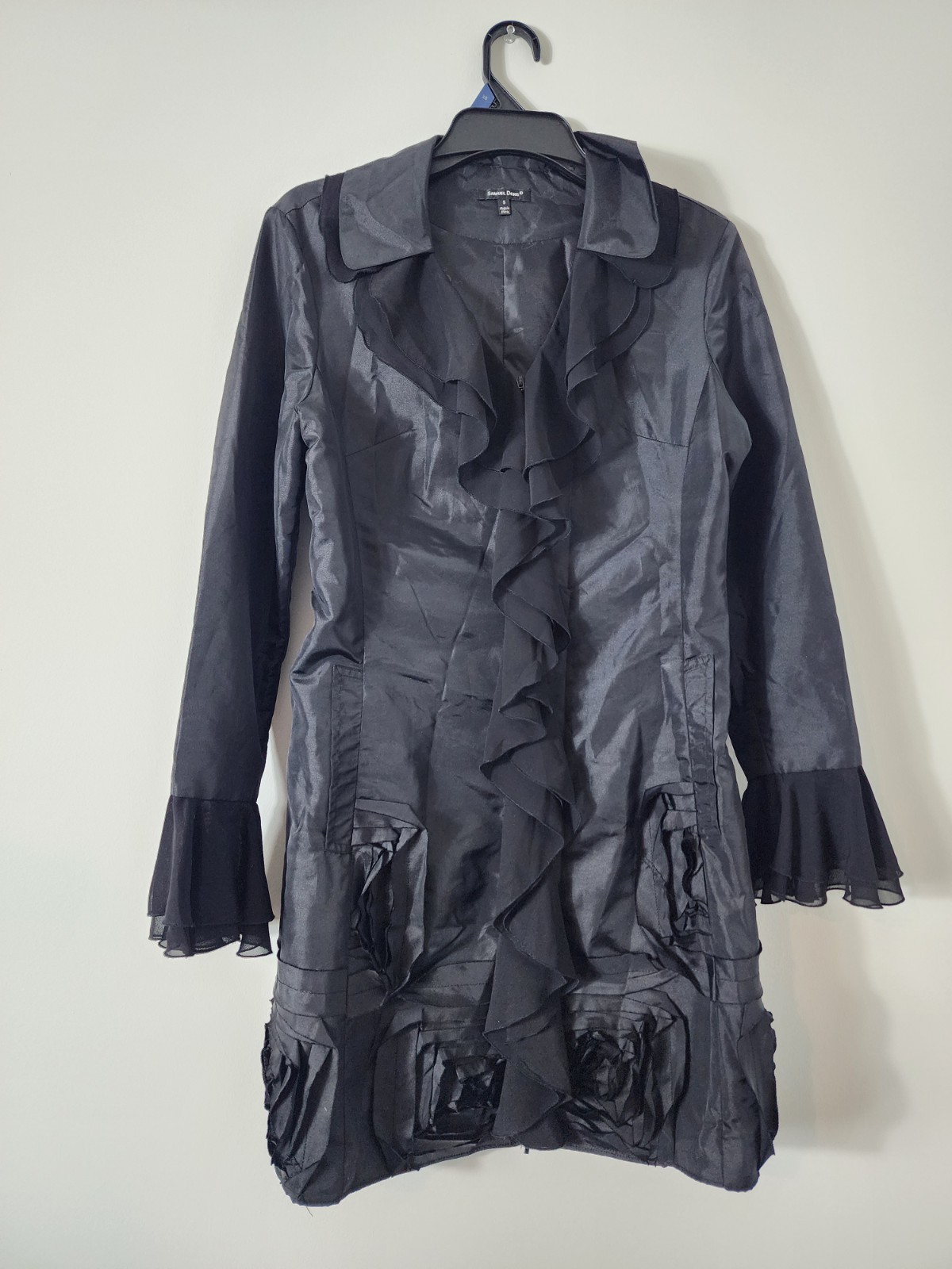 Samuel Dong Women’s Dress Jacket Size Small Black Ruffle Floral Taffeta Chiffon