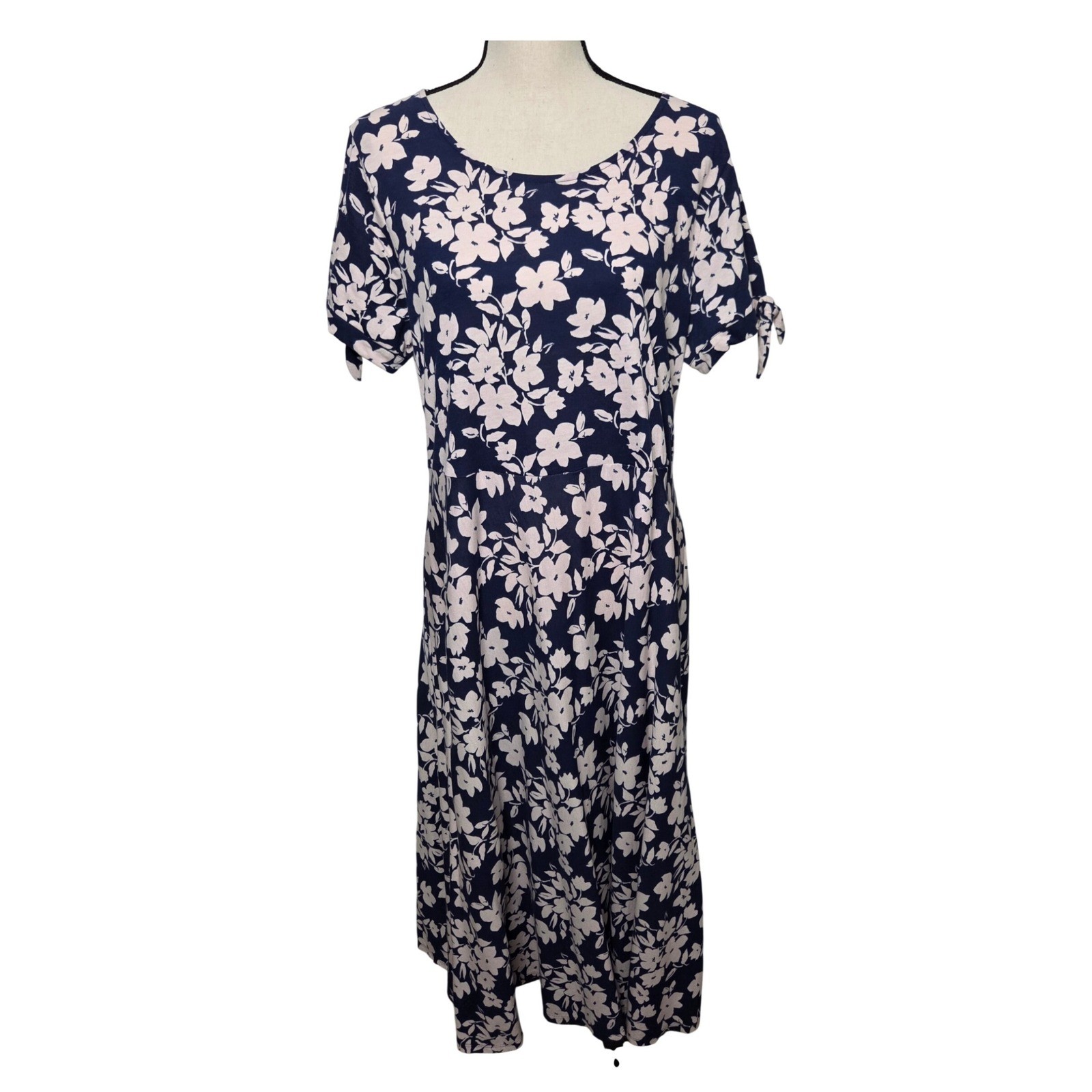 Croft & Barrow Navy Blue Light Pink Floral Short Sleeve Tie Detail Midi Dress XL