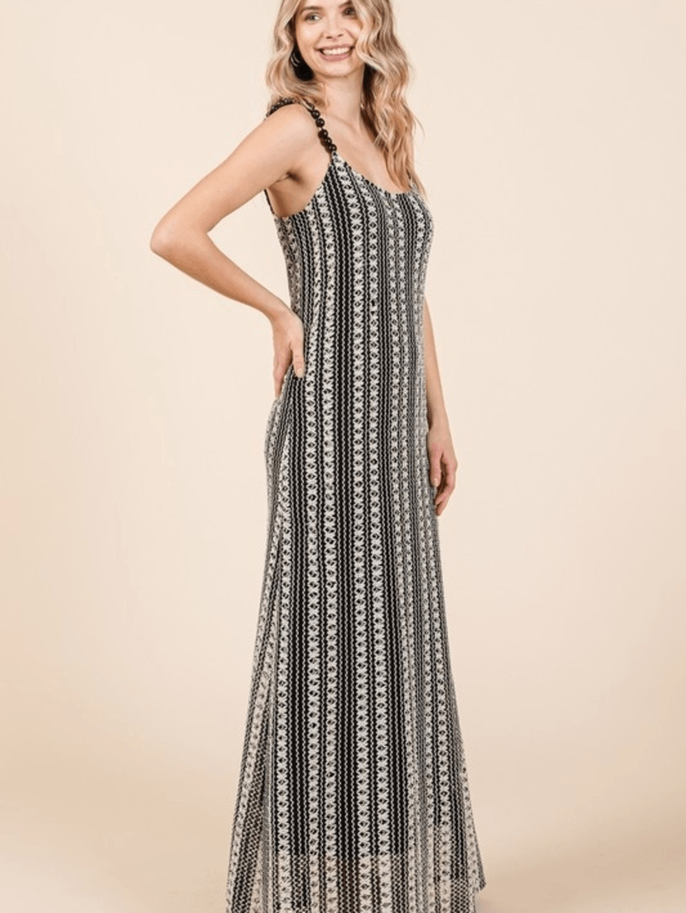 Black and Cream Beaded Shoulder Straps Crochet Tank Maxi Dress Sz 1X