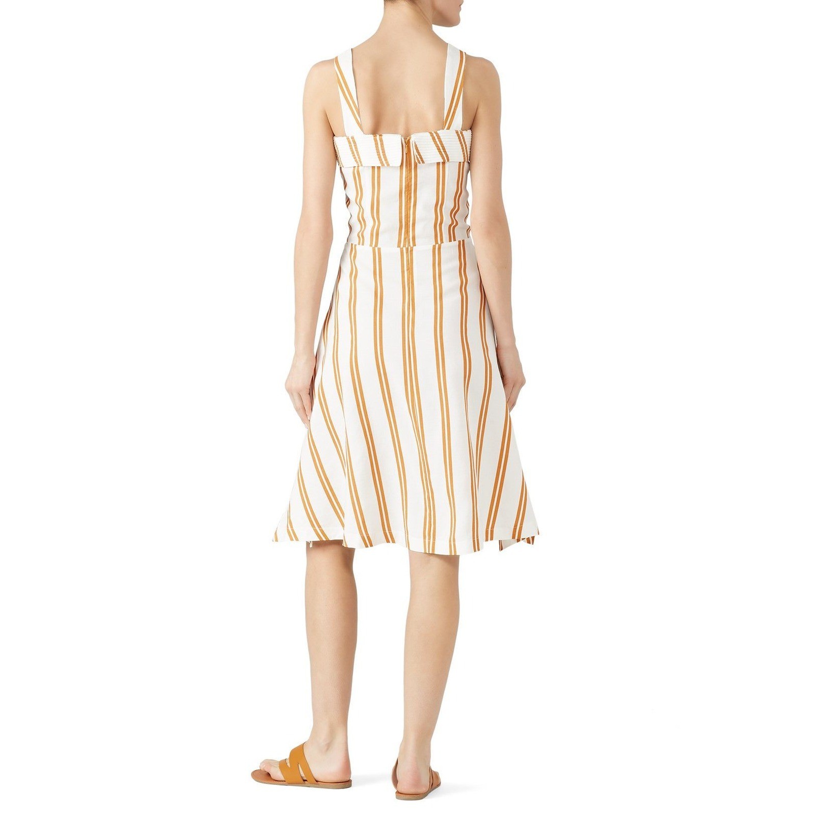 SANCIA Maise Dress White Mustard Yellow Striped Linen Blend Midi Sun Dress- S