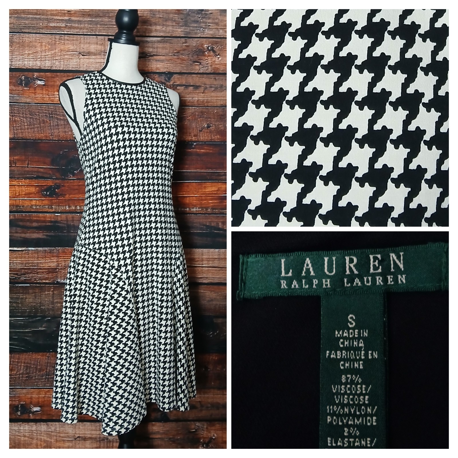 Lauren Ralph Lauren Dress S Fit & Flare Ponte Cream Black Houndstooth Stretch