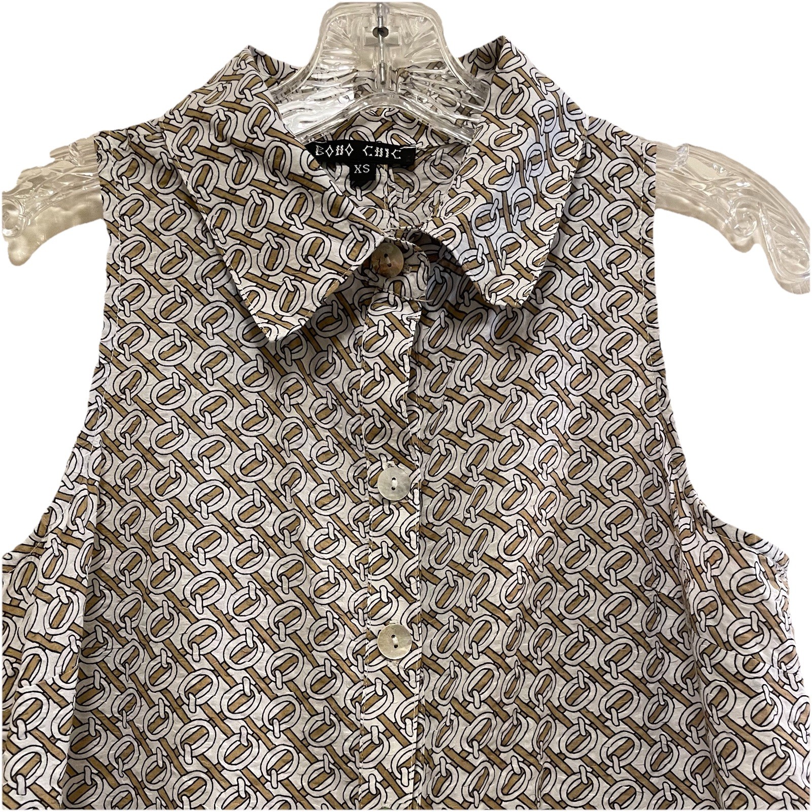 BOHO CHIC Cream/Tan Weaved Print Shirt Hem Collared Sleeveless Shirt Dress Sz XS