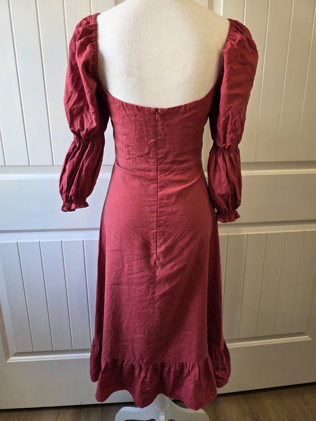 GAÂLA Paris Minsk 100% Linen Puff Sleeve Midi Dress Burgundy Size 36 EU Us 4