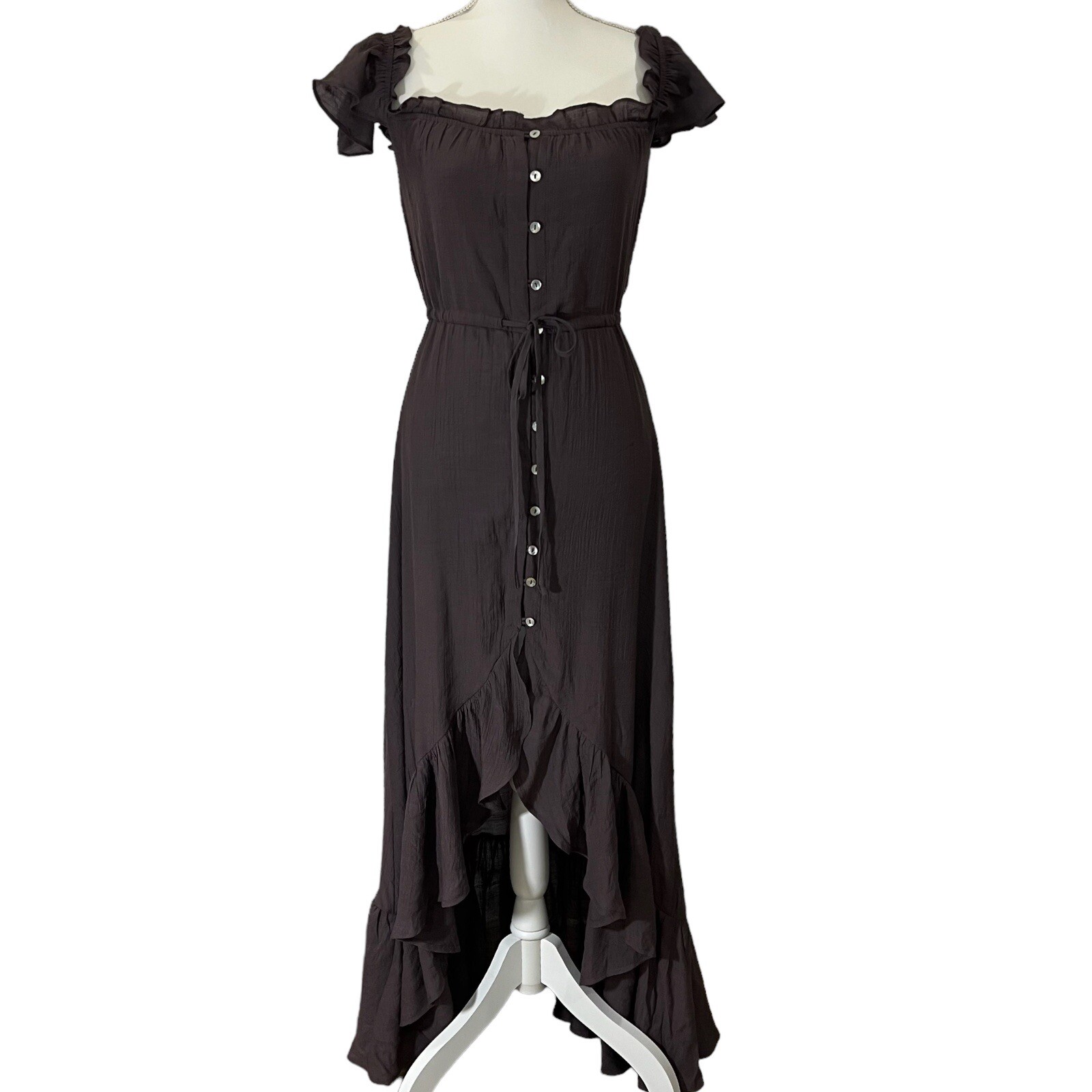 NWOT Wishlist Apparel Maxi Dress Off Shoulder Ruffle Dark Gray Brown Size S