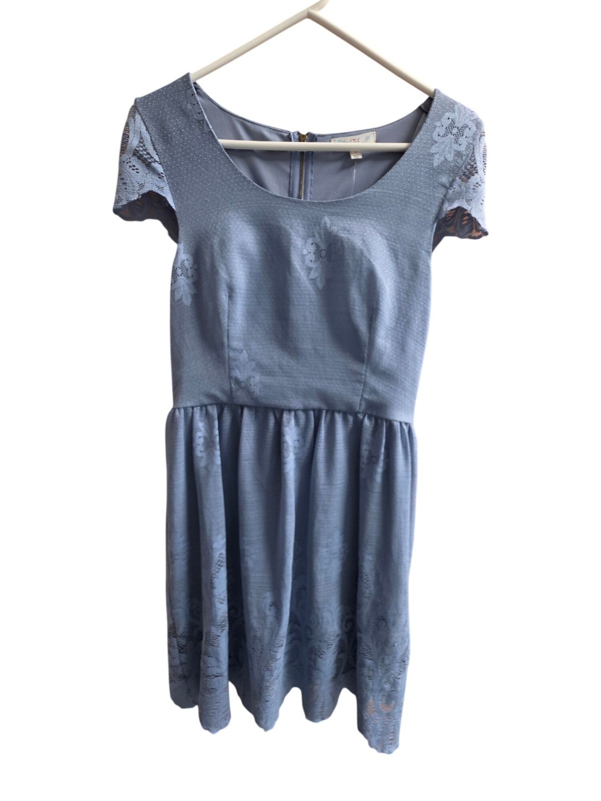 Love Fire Blue Lace Dress M New Coquette Boho Fleur de Lis Scalloped Hem READ