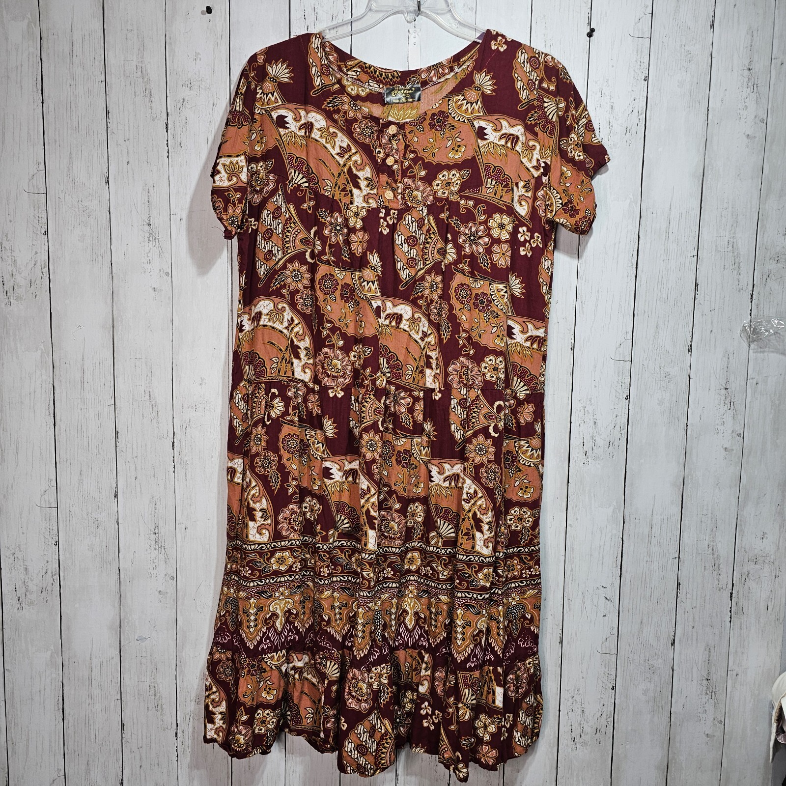 Vintage Aladdin Buju Batik Floral Print Rayon Dress Mumu Size M/L Aloha Hawaii
