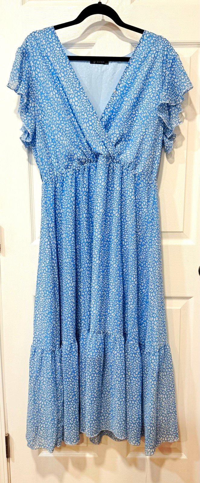 BTFBM Women’s Blue/White Animal Print V-Neck Flutter Sleeve Midi Dress XL
