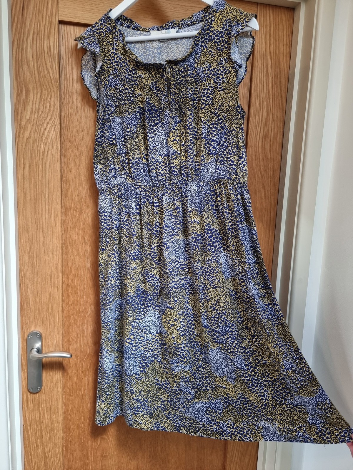 Boden Blue Yellow Ruffle A-Line Floaty Midi Tea Dress Short Sleeve UK12R.