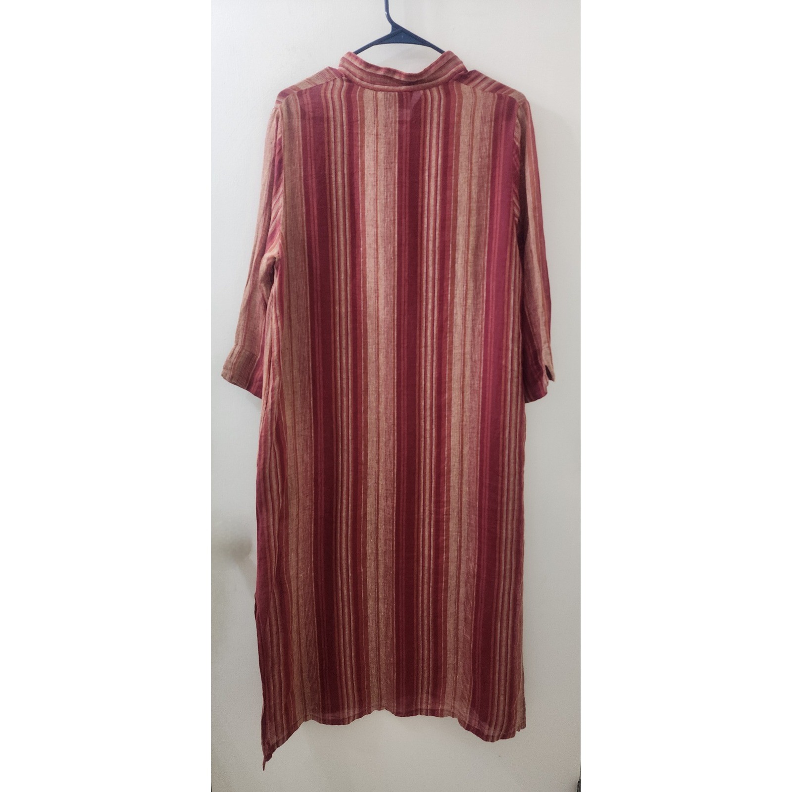 Silky Red Striped Mandarin Collar Tunic Dress Womens Size 46 Midi Side Slits