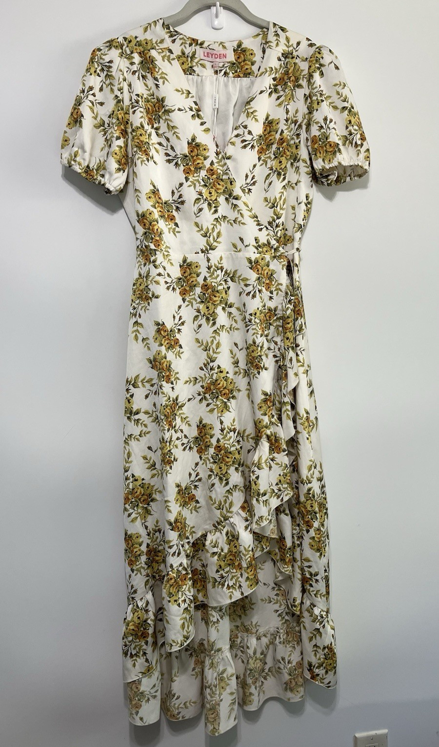 LEYDEN Women’s Floral Maxi Dress V-Neck Wrap Tie Waist Ruffle Lined Size Large
