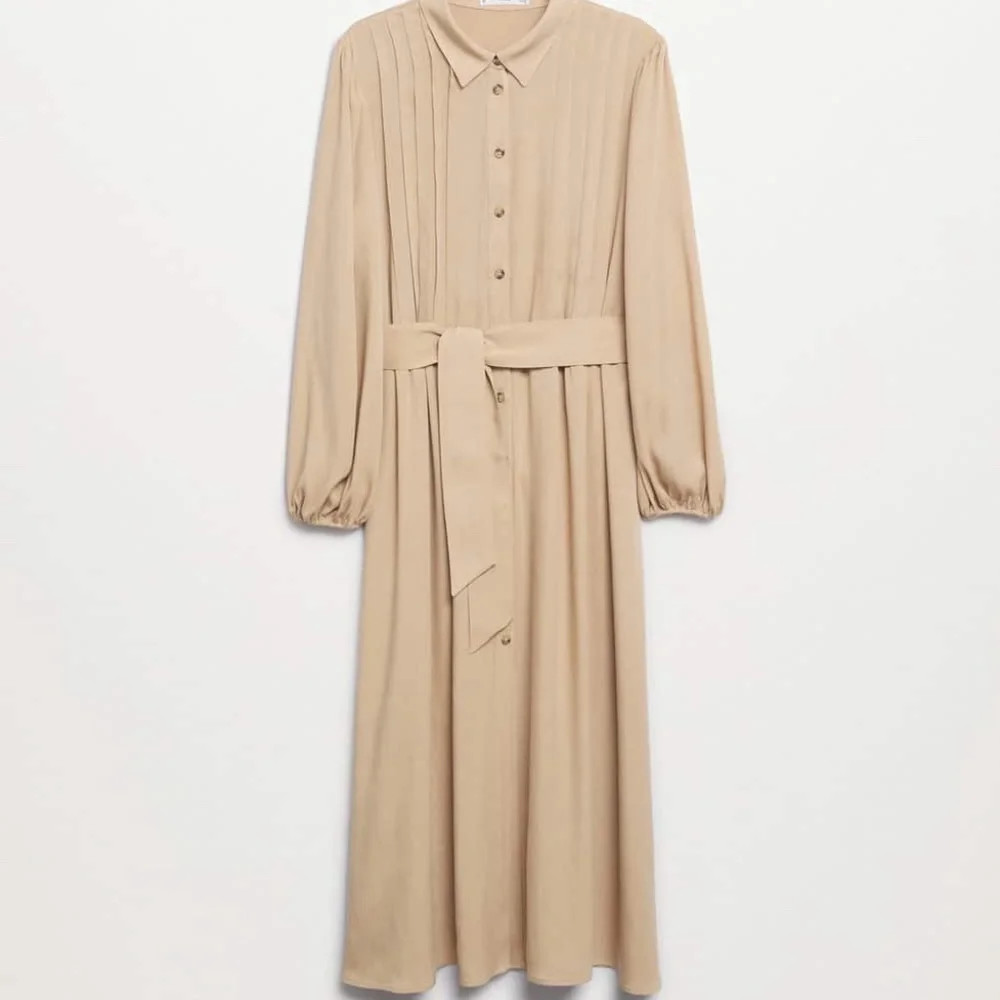 Mango – Beige button down long sleeve pleated tie-waist midi dress – Size 4