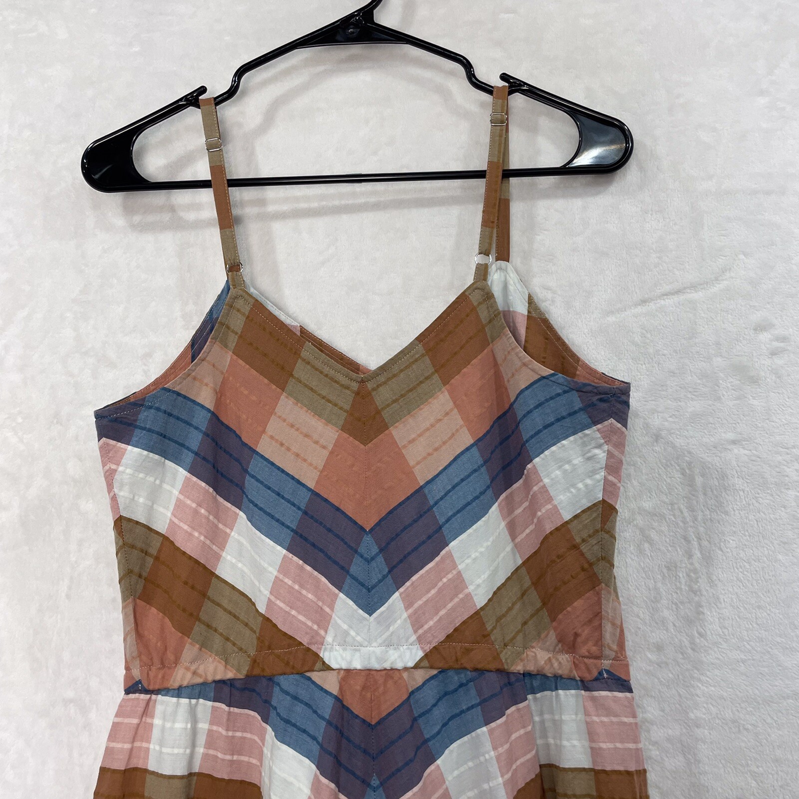 LL Bean Plaid Pleated Strap Dress 4 Small A Line Fit Flare Midi Blue Peach NEW