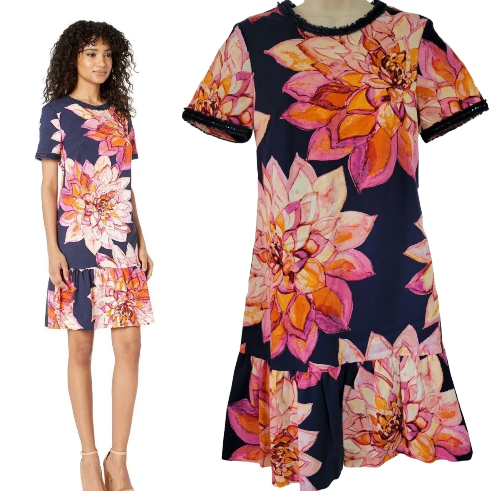 Trink Turk Coast Embellished Faille Print Floral Mod Boho Dress Navy Pink 4