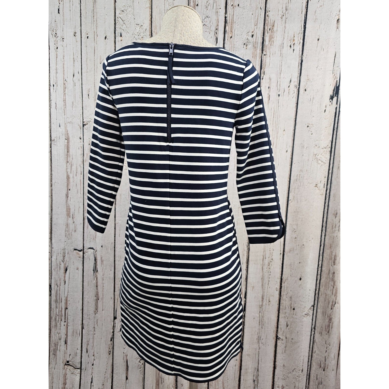 Lands’ End 2 Navy White Striped 3/4 Sleeve Shift Sheath Dress Nautical EUC