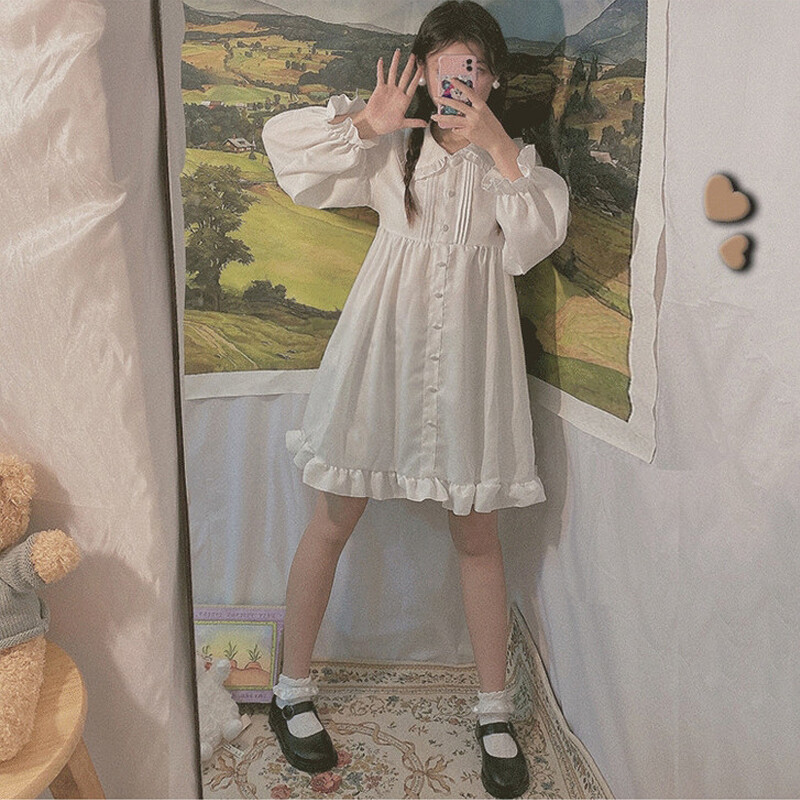 Black White Lolita Pullover Dress Fairy Women Japanese Kawaii Peter Pan Collar
