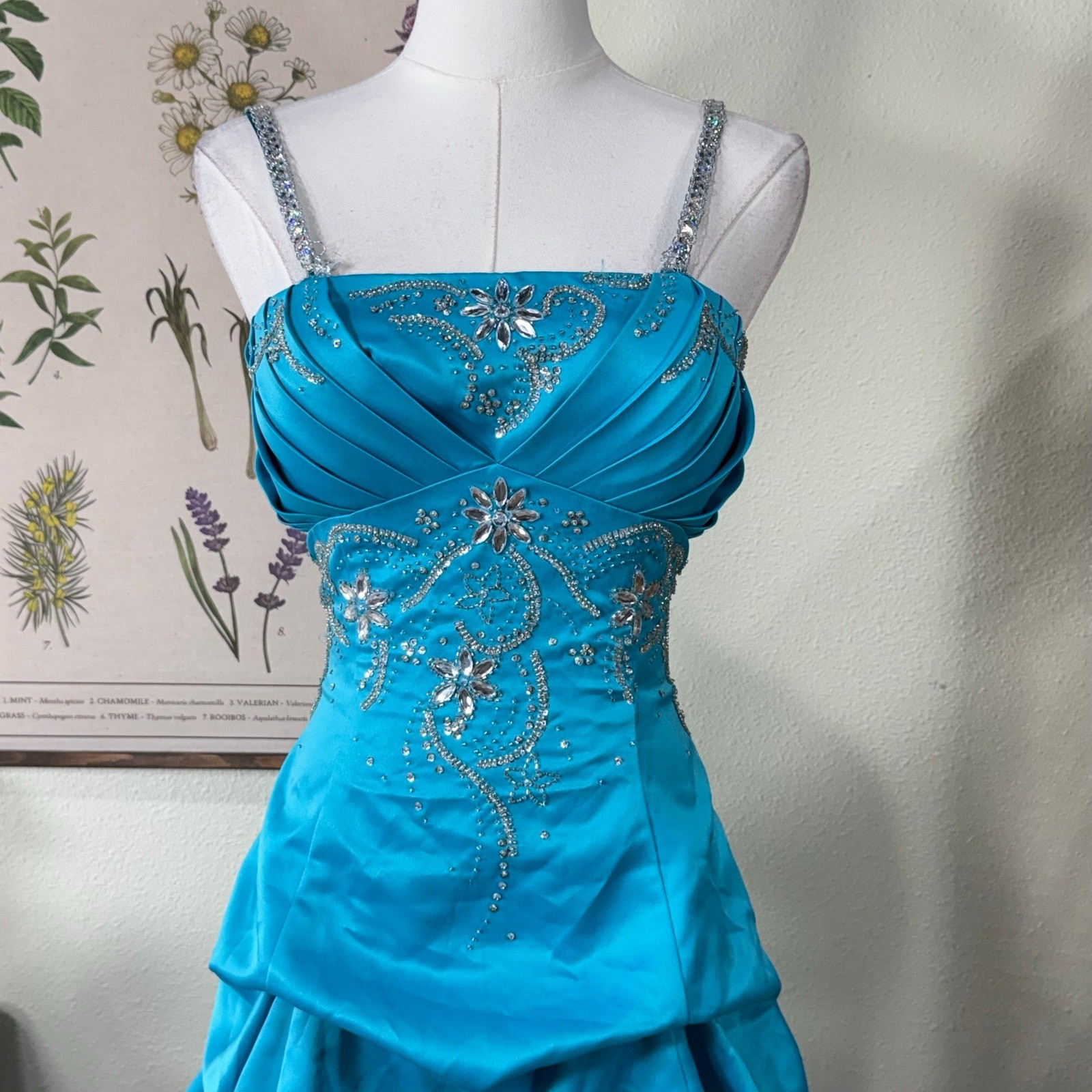 90s Y2k Satin Beaded Sequin Floral Ruched Formal Prom Dress Fairy Whimsy Glam XS