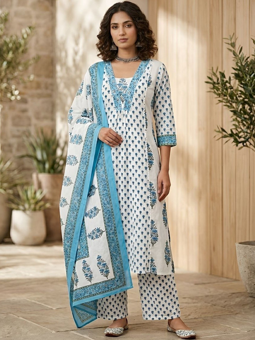 Indian Women White Pure Cotton Floral Printed Kurta With Trouser & Dupatta Set
