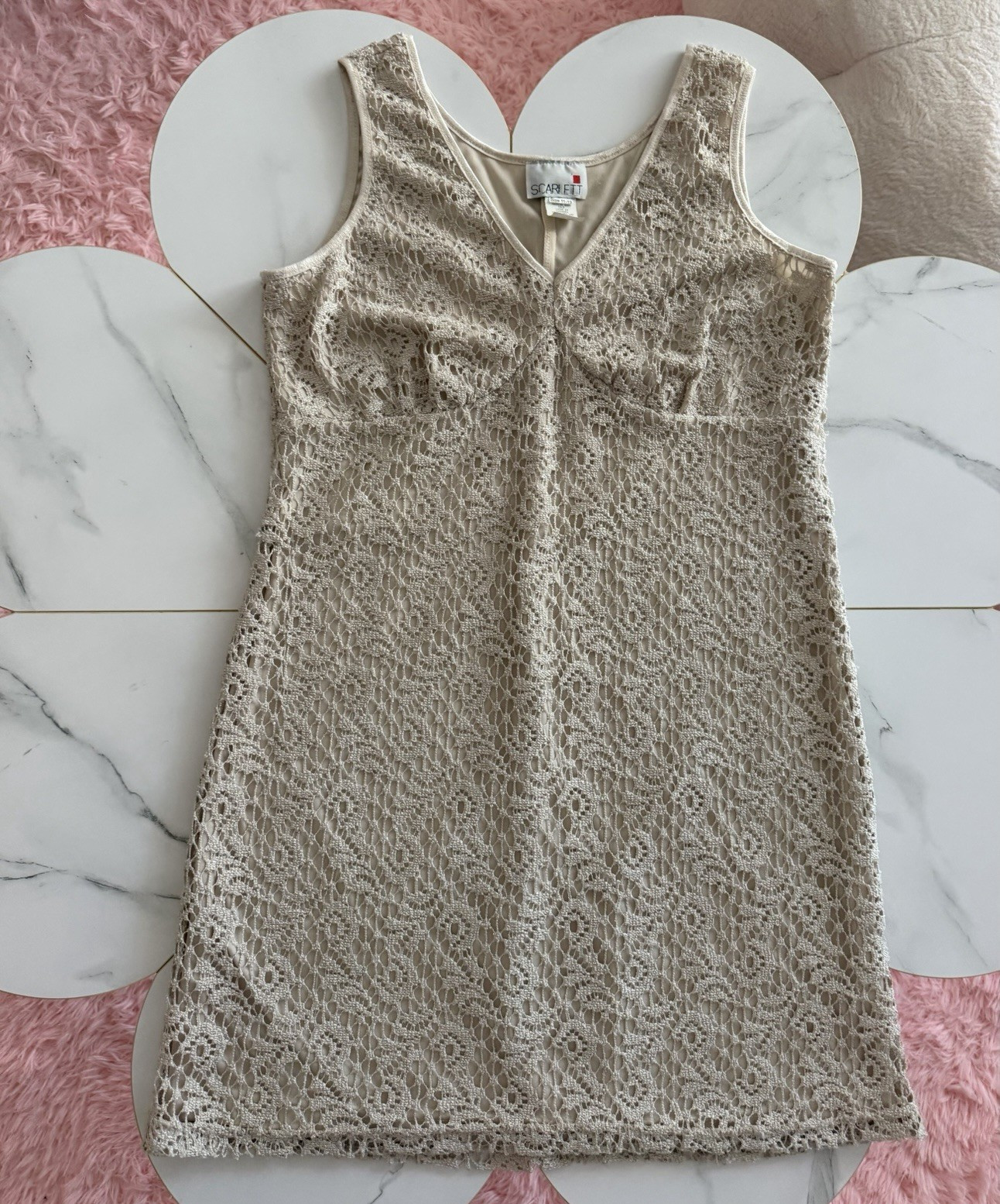 Timeless Beige Floral Lace A-Line mini Dress V-Neck Sleeveless Zip 11-12