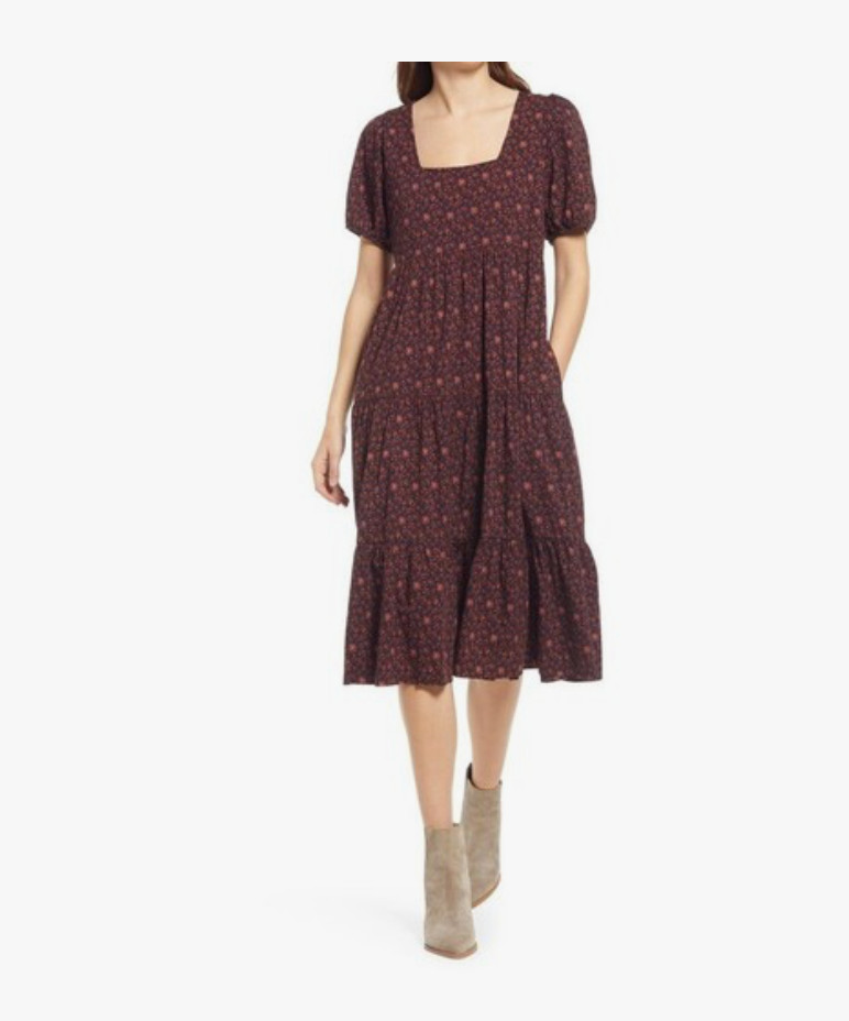Madewell Aidy Square Neck Tiered Midi Dress Short Sleeve Floral Print Size 4