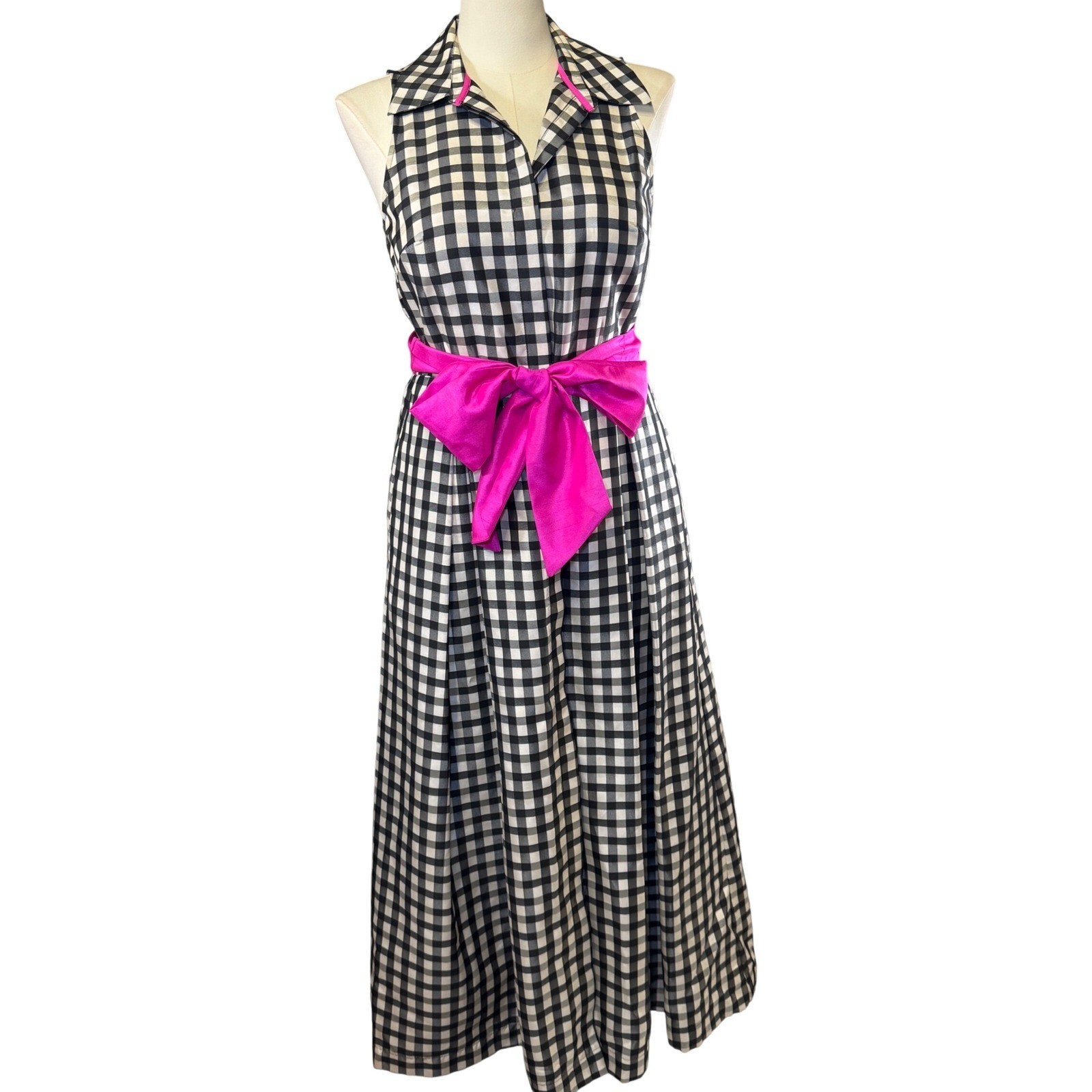 Eliza J Gingham Maxi Dress Black White Check Pink Sash Sleeveless Formal 10
