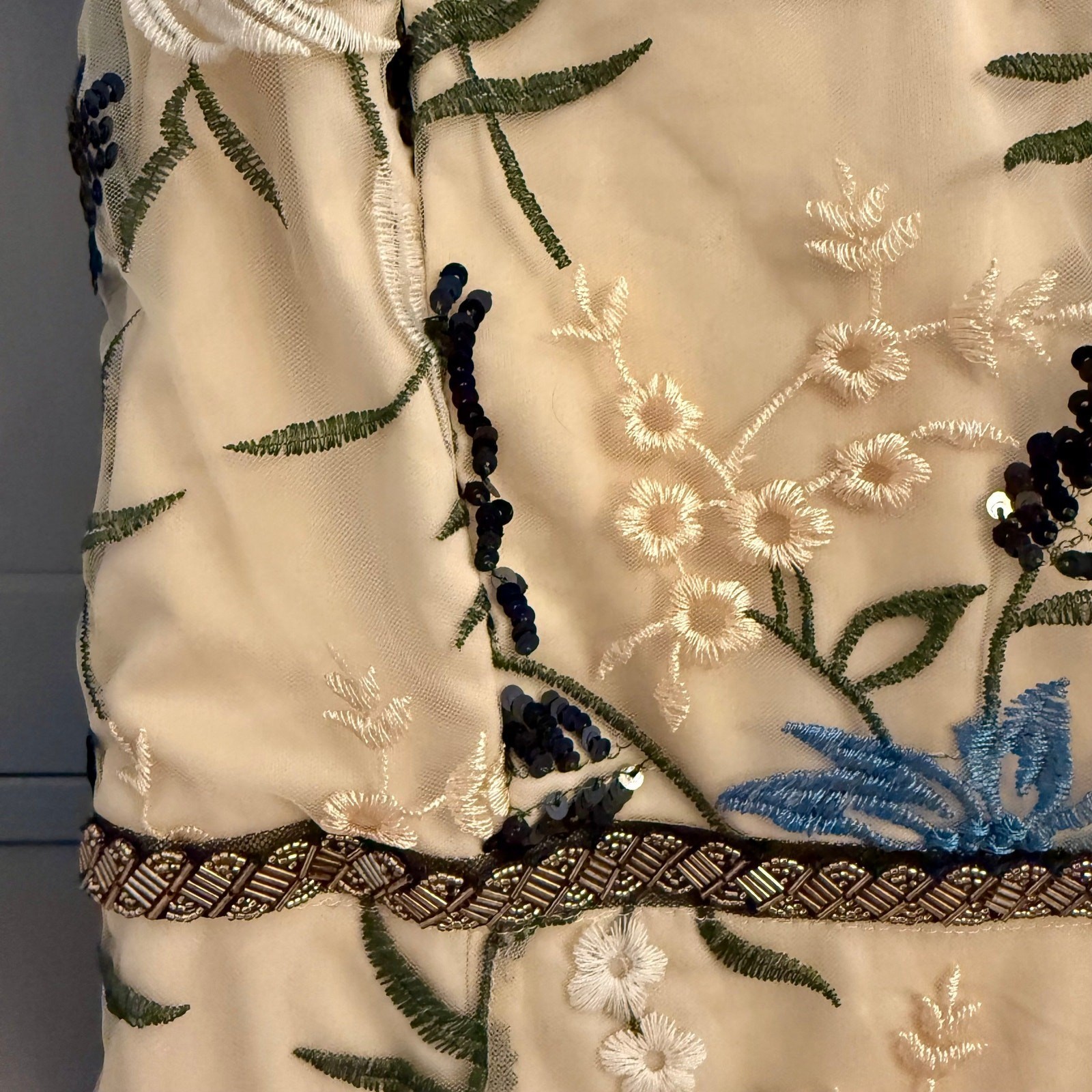 Lulus Embroidered Tulle Midi Dress S Beige Blue Black Floral Sequin Ruffle Strap