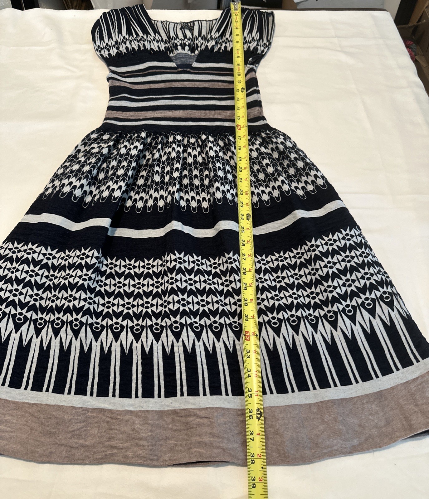 Max Edition Navy Pink Geo Stripe Fit Flare Stretch Dress Sz S