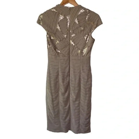Tadashi Shoji Pleated Layered Chiffon Sequin Cap Sleeve Dress Size 4 Beige