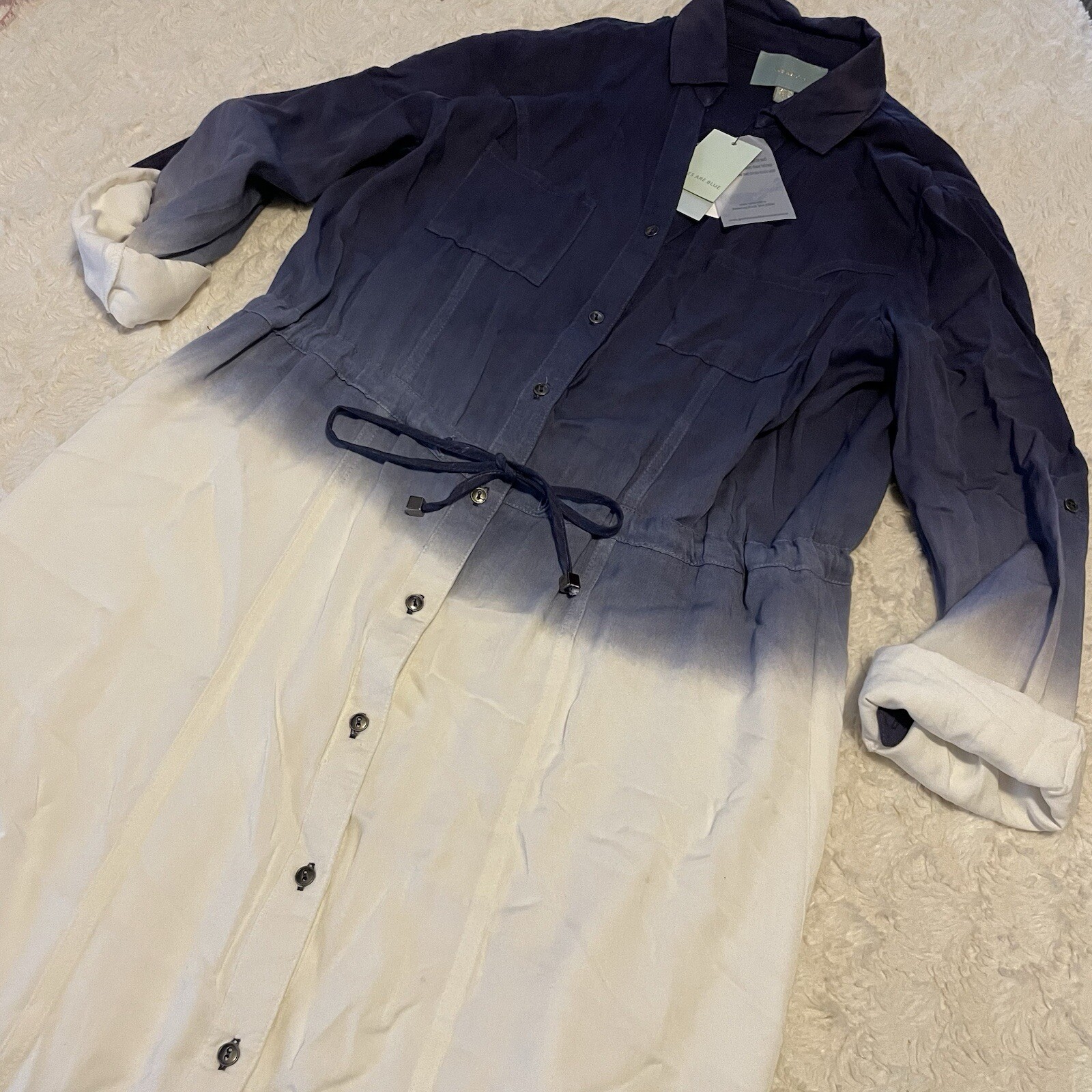 NWT Skies Are Blue Ombré Blue White Buttondown Longsleeved Dress Small Casual