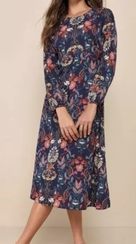 I. Madeline M Garden Splendor Navy Blue Floral Print Long Sleeve Midi Dress NEW