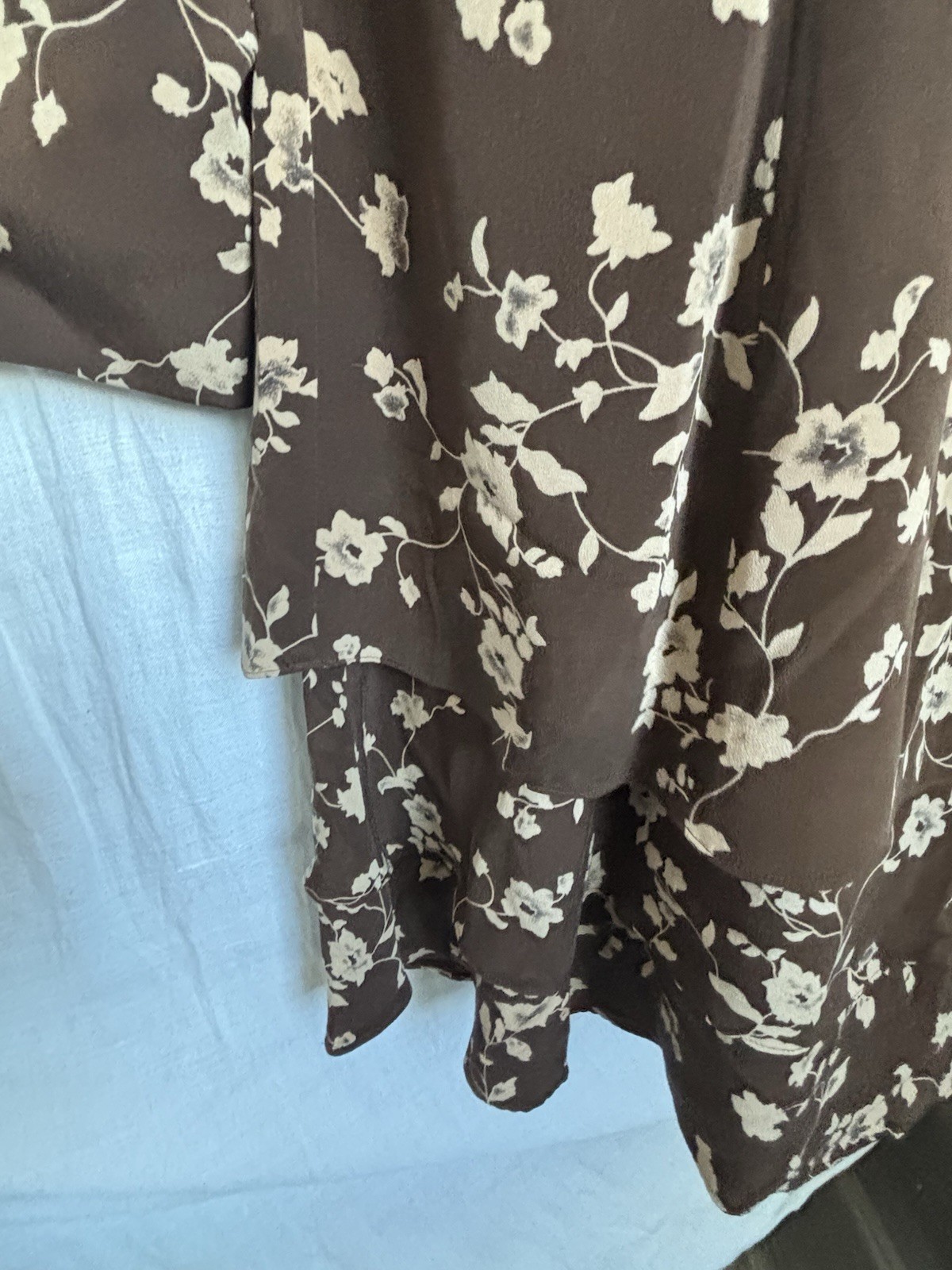 VTG Brown Beige graphic Floral Print Dress 100% Silk Back Zip Tiers PATRICK 14