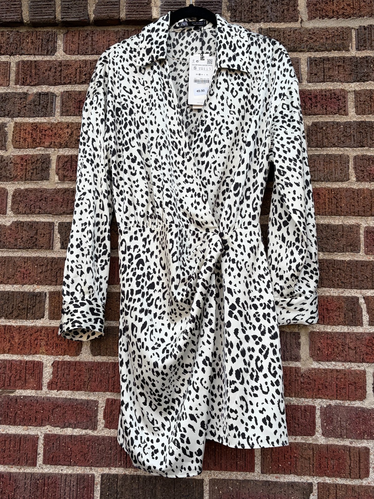 Zara Collared Long Sleeve Mini Wrap Dress Women Small Black-Ivory Animal Print