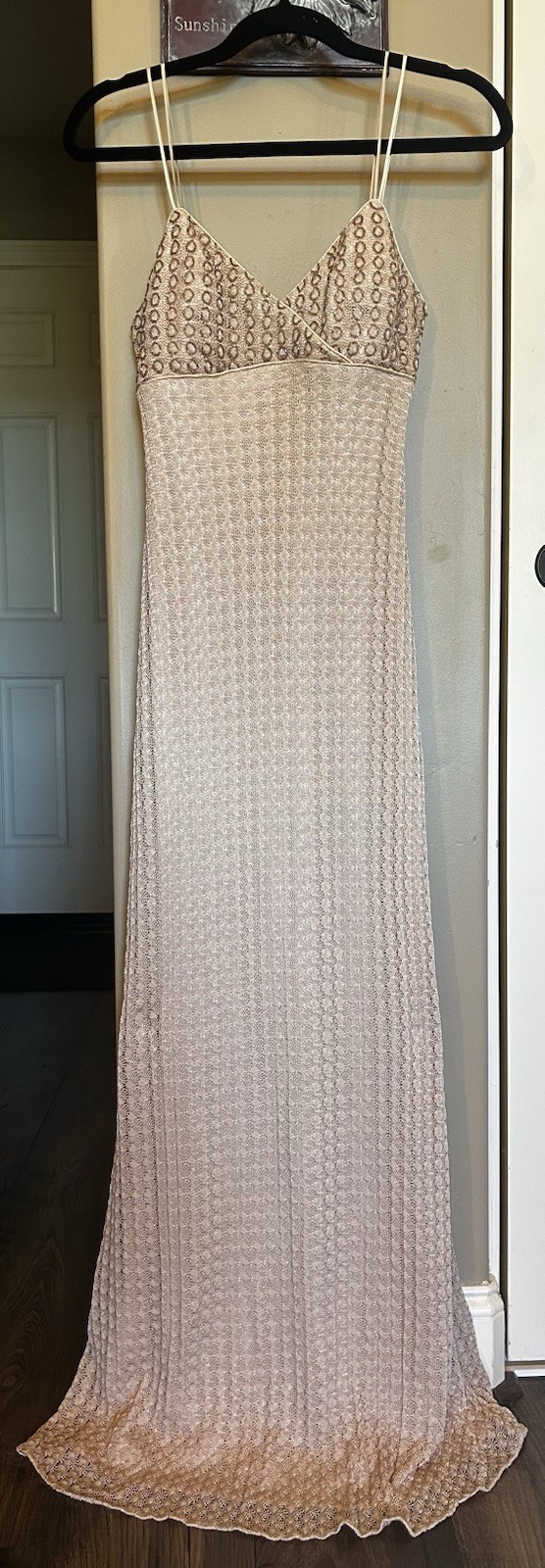 Rimini by Shaw Size 6 Beige Lace Beaded Maxi Dress V-Neck Sleeveless Zip