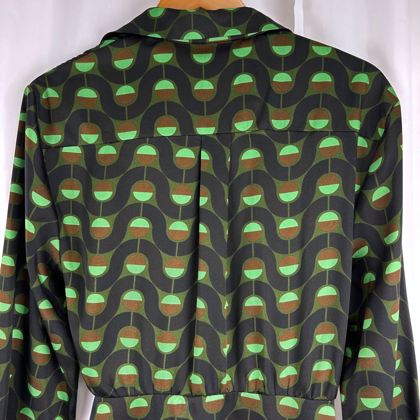 Zara Retro Mod Geometric Print Point Collar Wrap Midi Dress Green/Black/Brown L